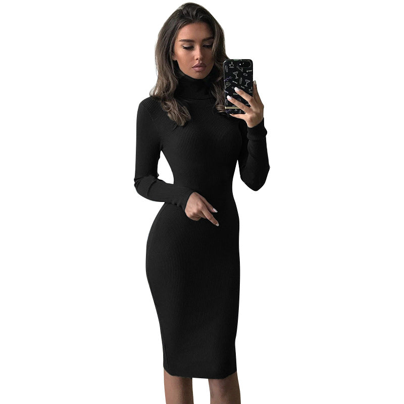 Solid Color Basic Women Clothing Autumn Casual Midi Dress Slim Fit Long Sleeved Turtleneck Dress by Ragazza