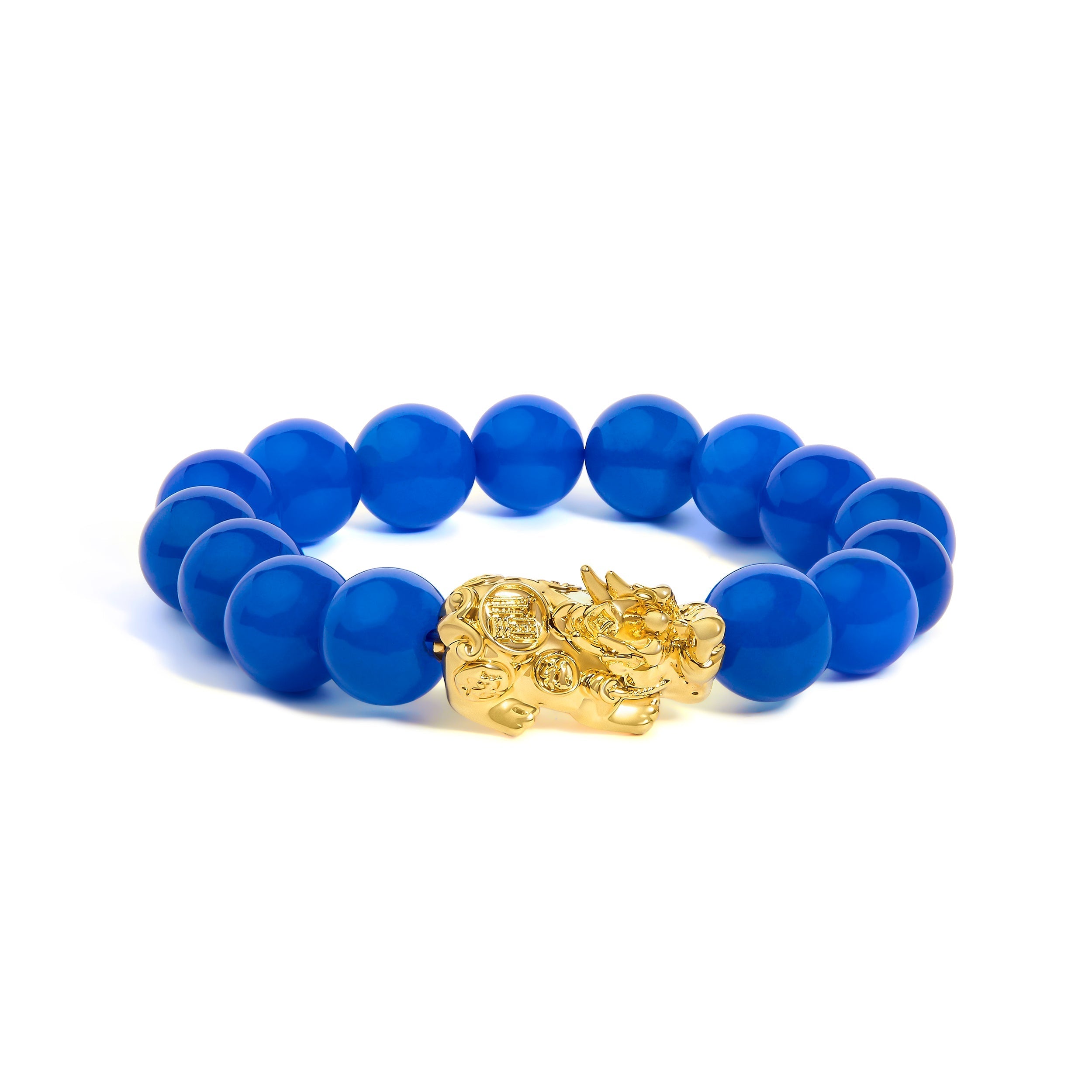 18K Yellow Gold Blue Agate Beaded Dragon Charm Bracelet DestGlow