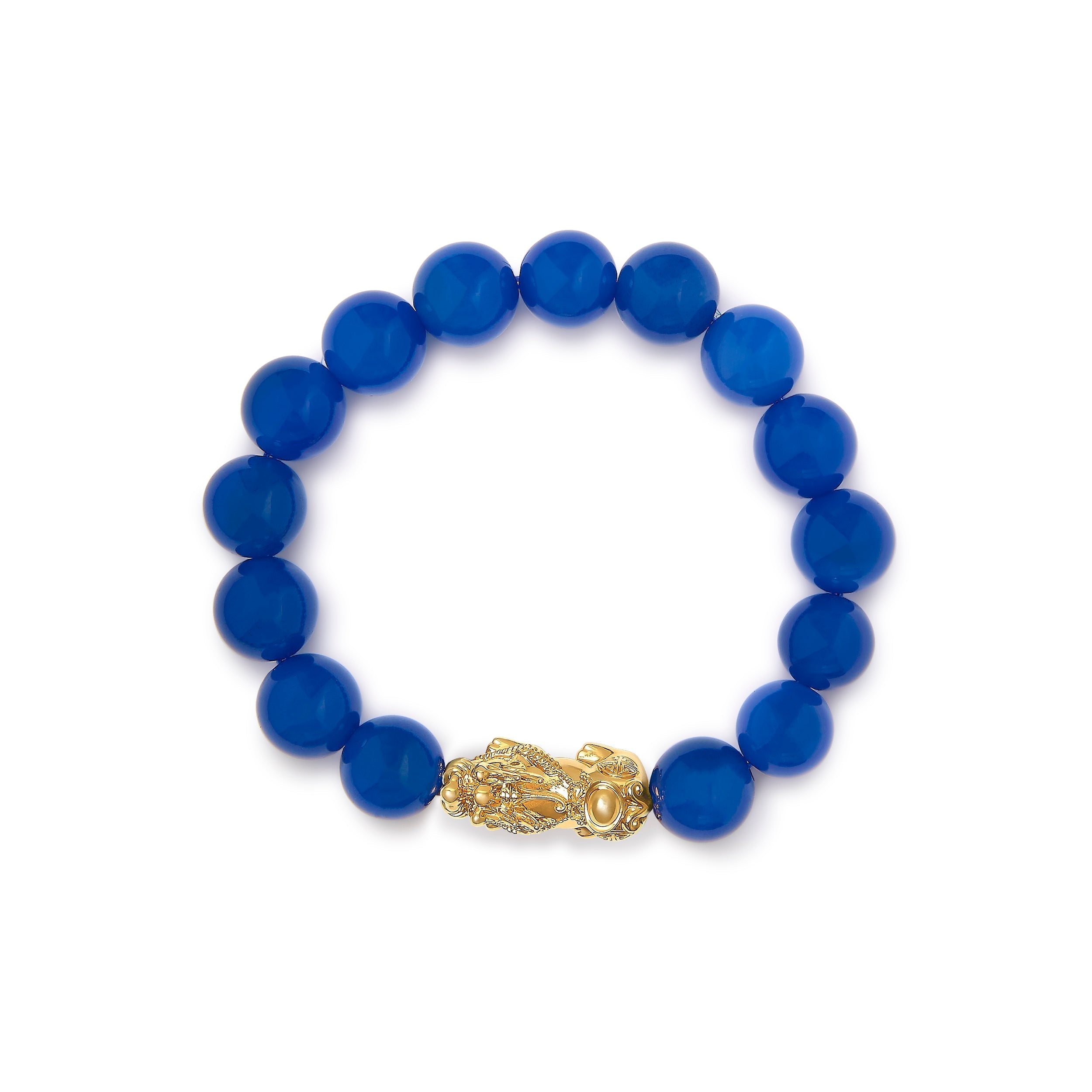 18K Yellow Gold Blue Agate Beaded Dragon Charm Bracelet DestGlow