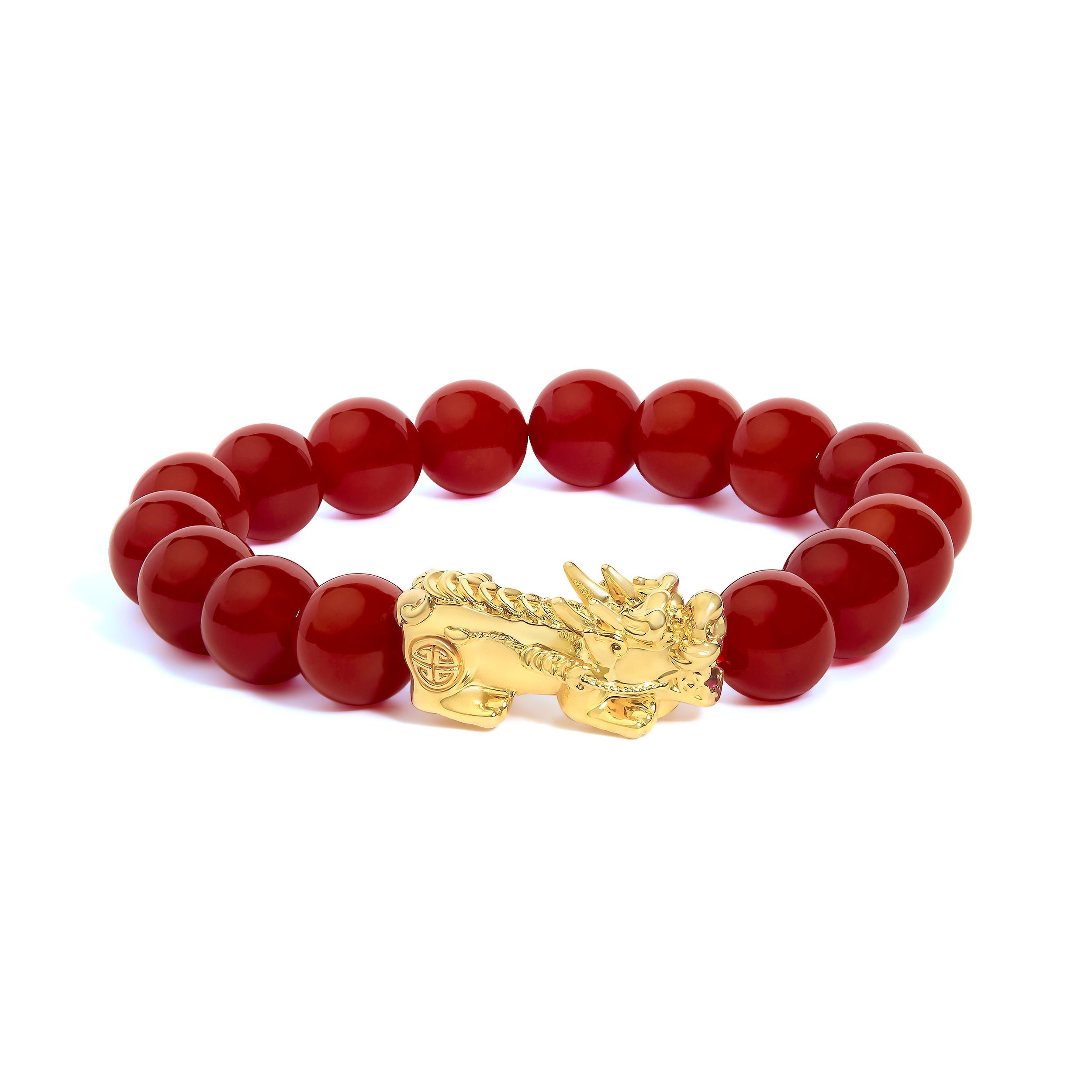 18K Yellow Gold Dragon Charm Red Agate Beaded Charm Bracelet DestGlow