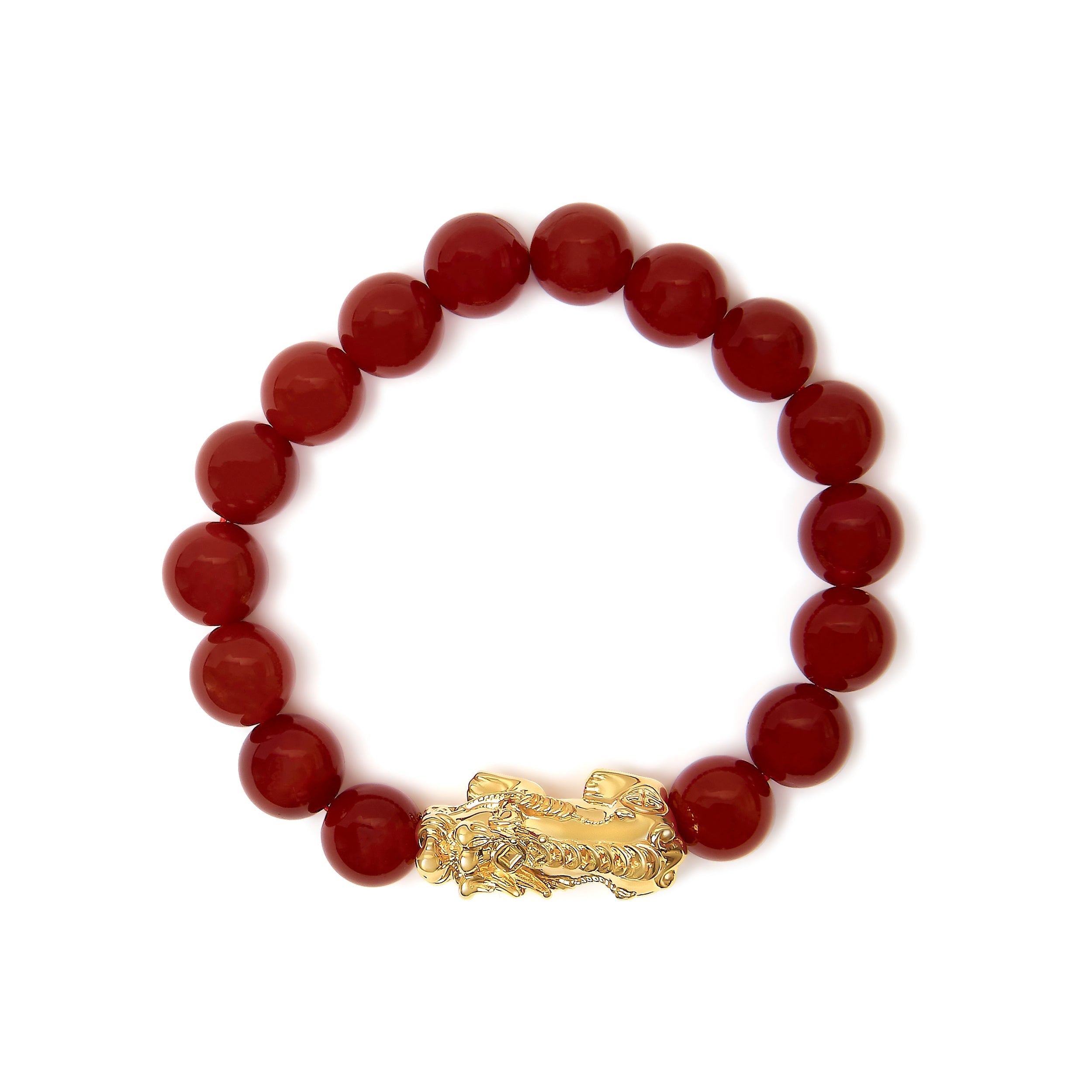 18K Yellow Gold Dragon Charm Red Agate Beaded Charm Bracelet DestGlow