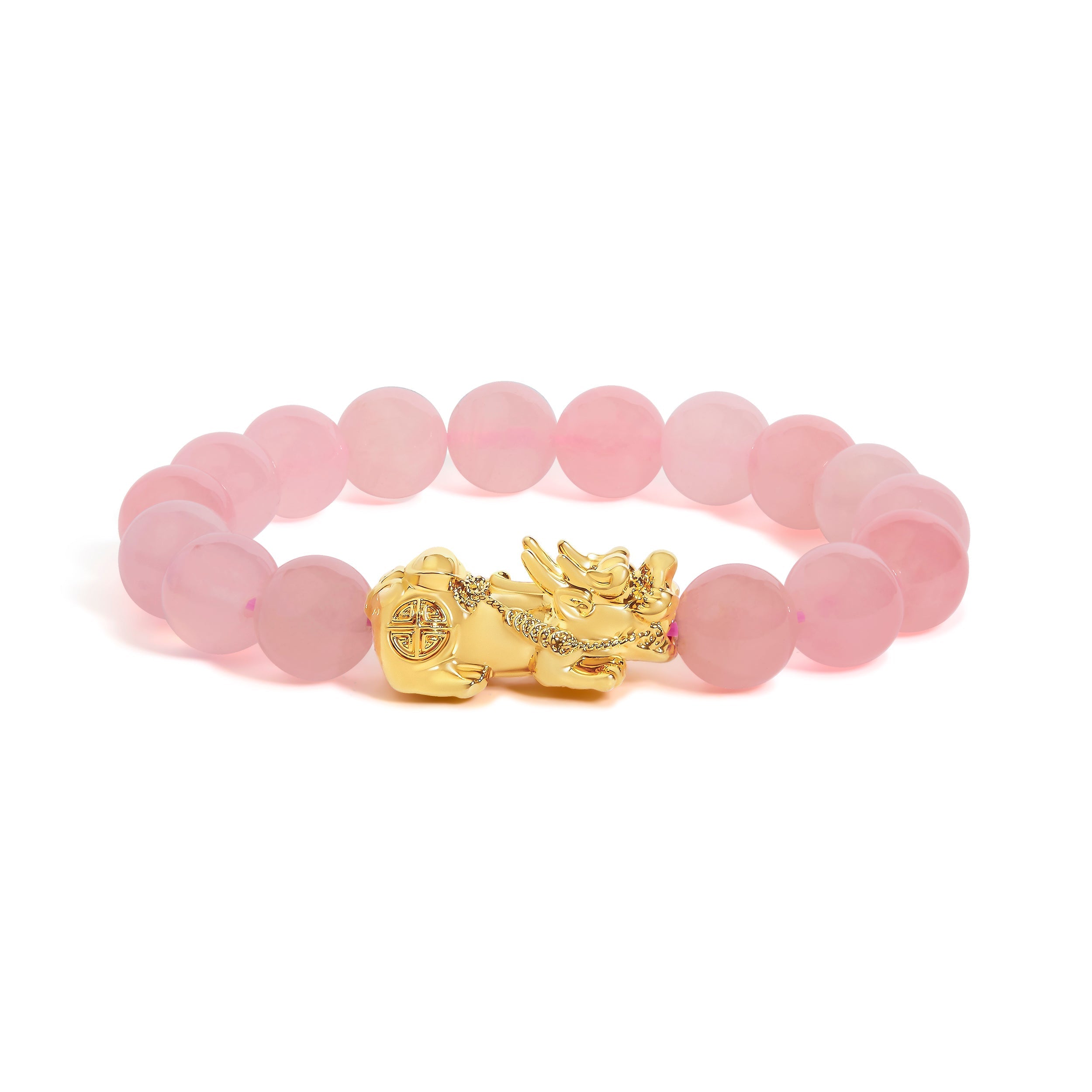 18K Yellow Gold Dragon Charm Natural Rose Quartz Beaded Charm Bracelet DestGlow