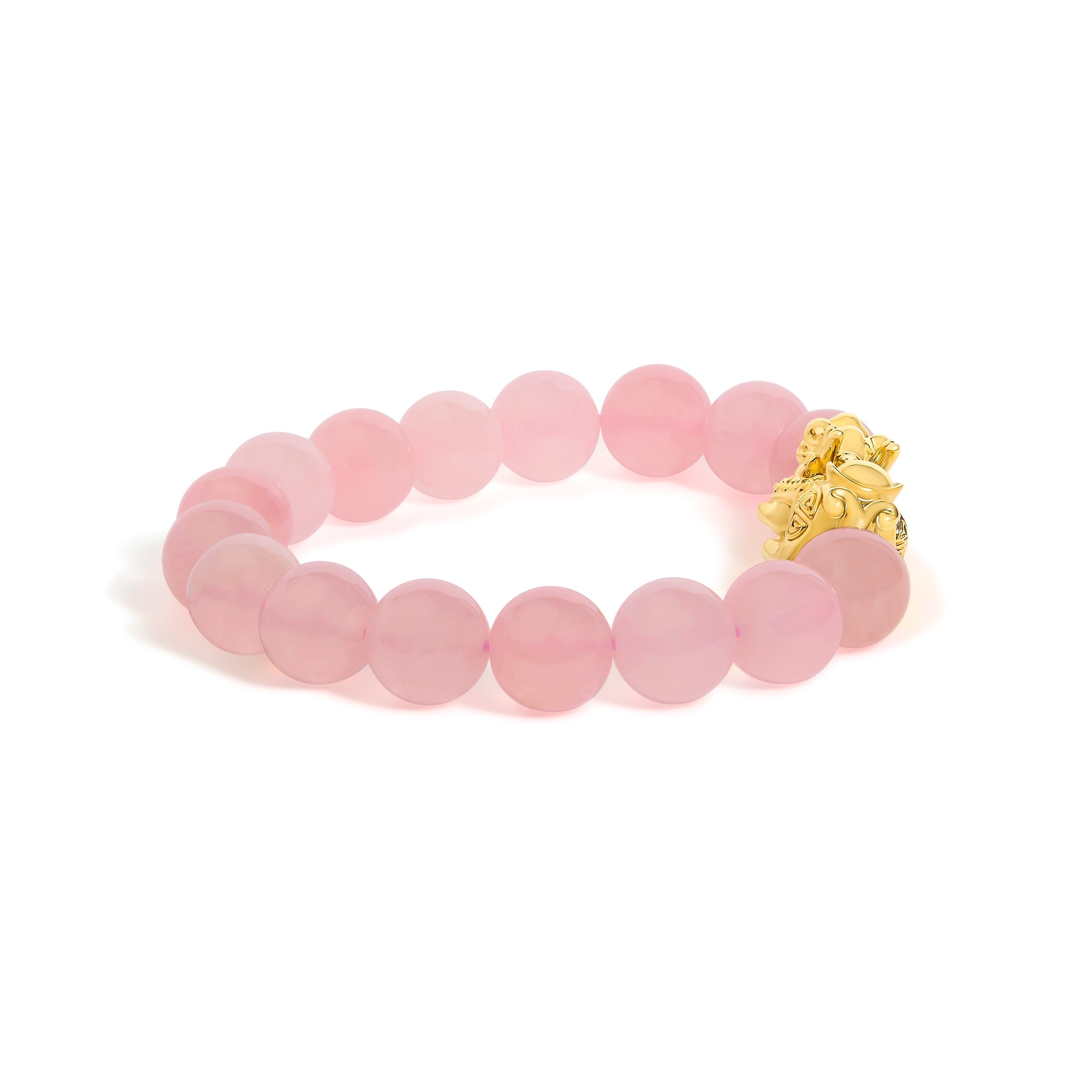 18K Yellow Gold Dragon Charm Natural Rose Quartz Beaded Charm Bracelet DestGlow