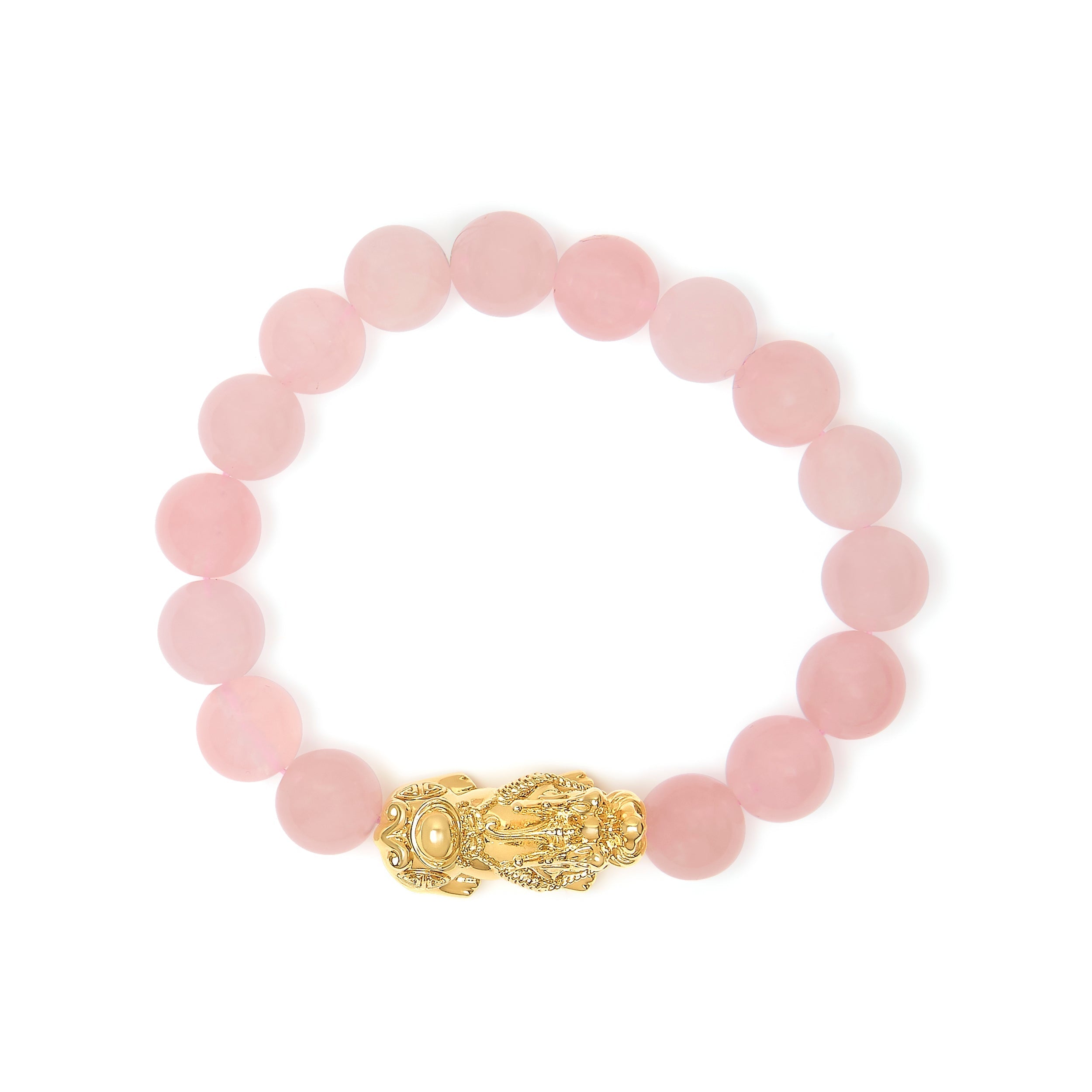 18K Yellow Gold Dragon Charm Natural Rose Quartz Beaded Charm Bracelet DestGlow
