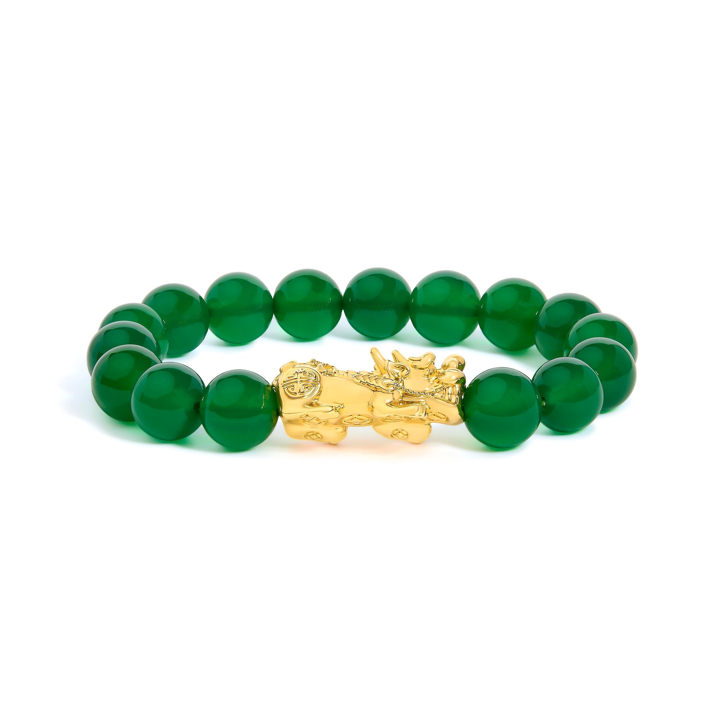 18K Yellow Gold Green Agate Beaded Bracelet with Dragon Charm DestGlow