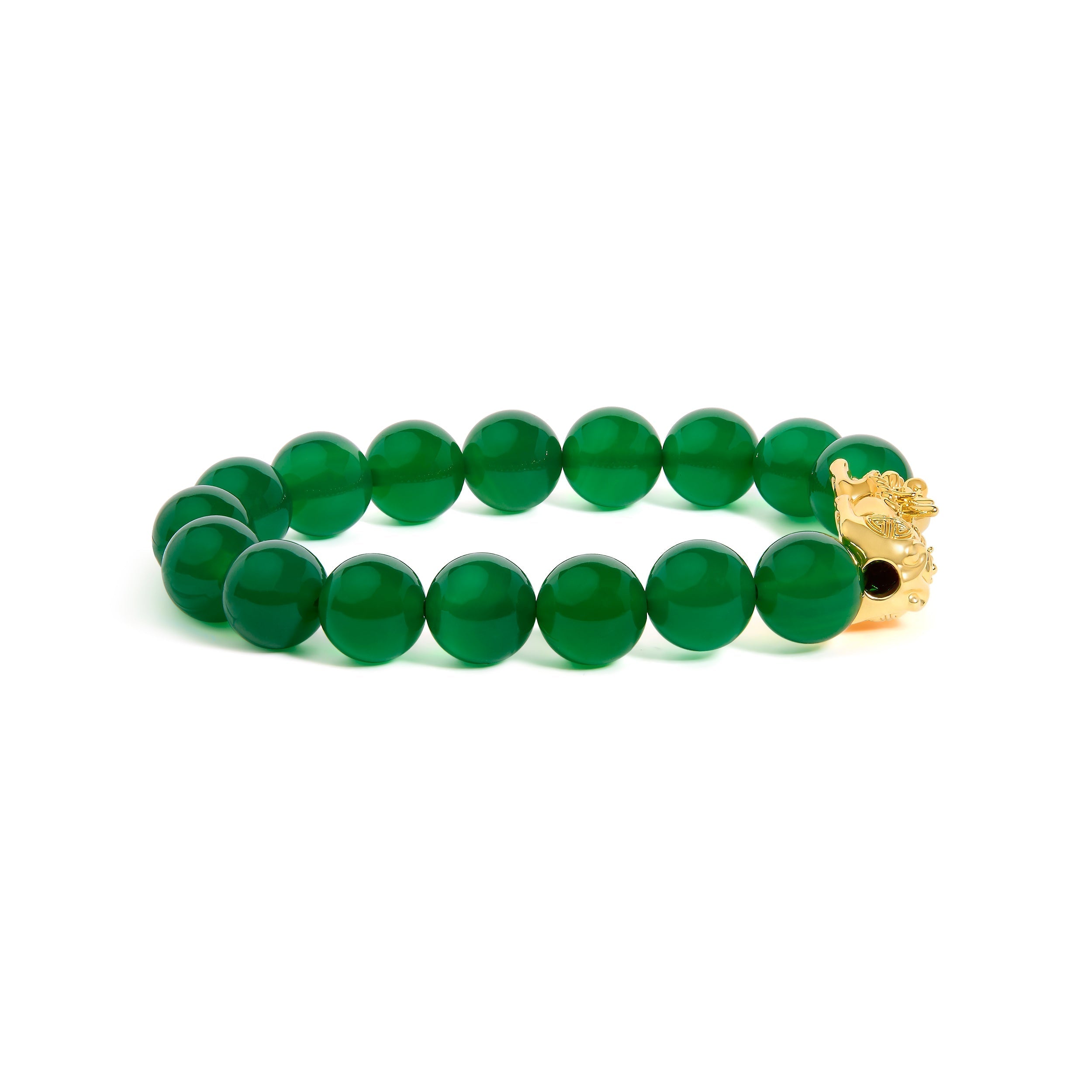 18K Yellow Gold Green Agate Beaded Bracelet with Dragon Charm DestGlow
