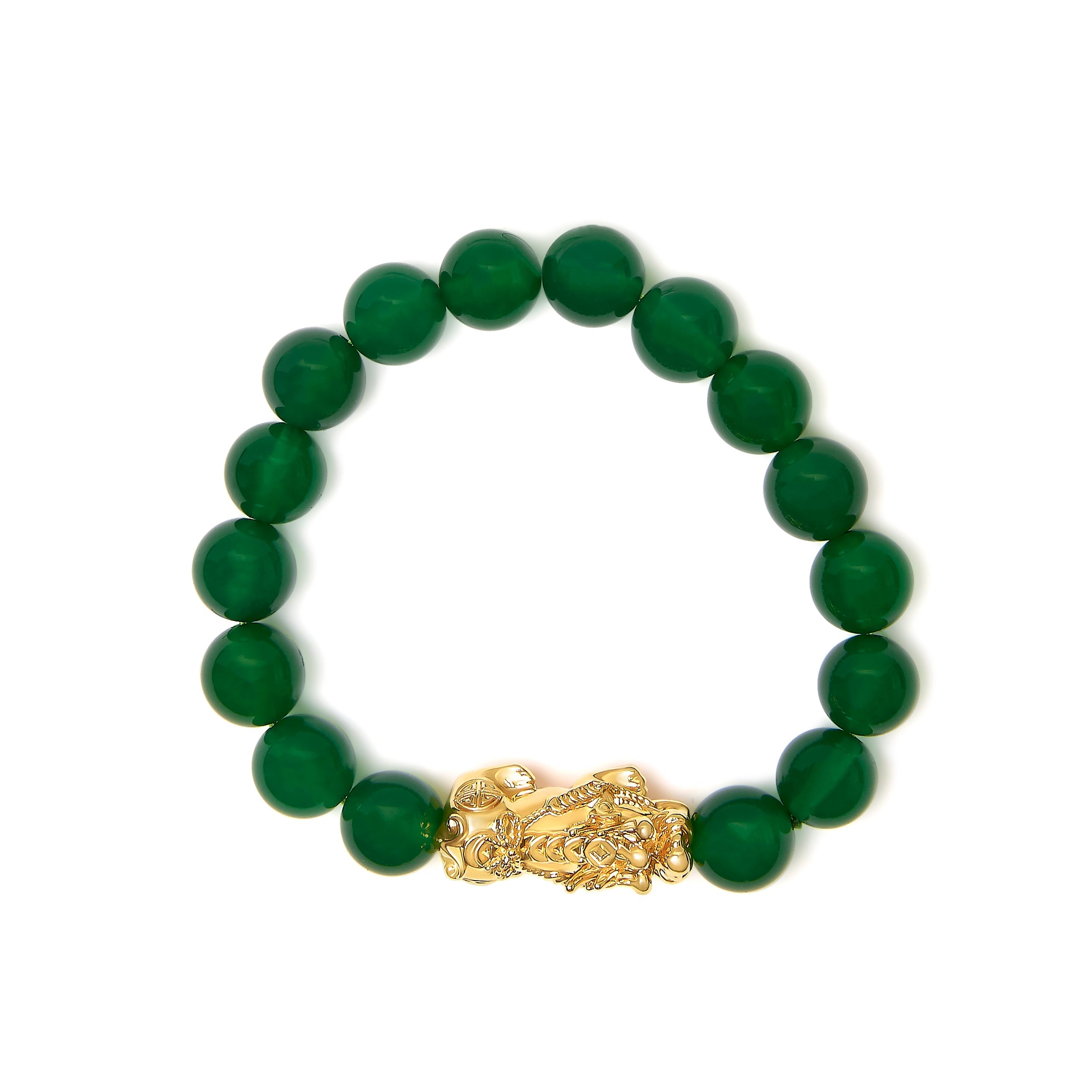 18K Yellow Gold Green Agate Beaded Bracelet with Dragon Charm DestGlow