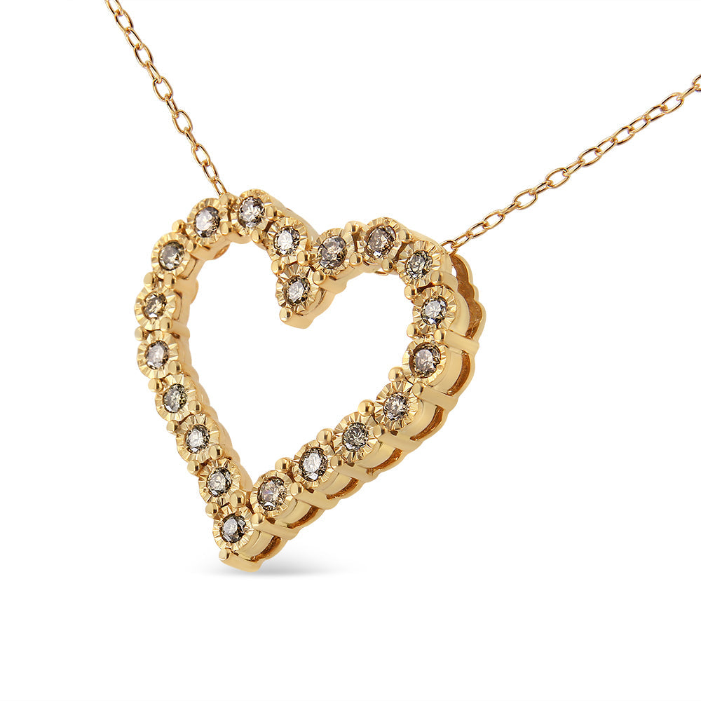 10K Yellow Gold Flashed .925 Sterling Silver 1/2 Cttw Champagne Diamond Miracle Plate Heart Pendant Necklace (K-L Color, I1-I2 Clarity) - 18" by Bids.com