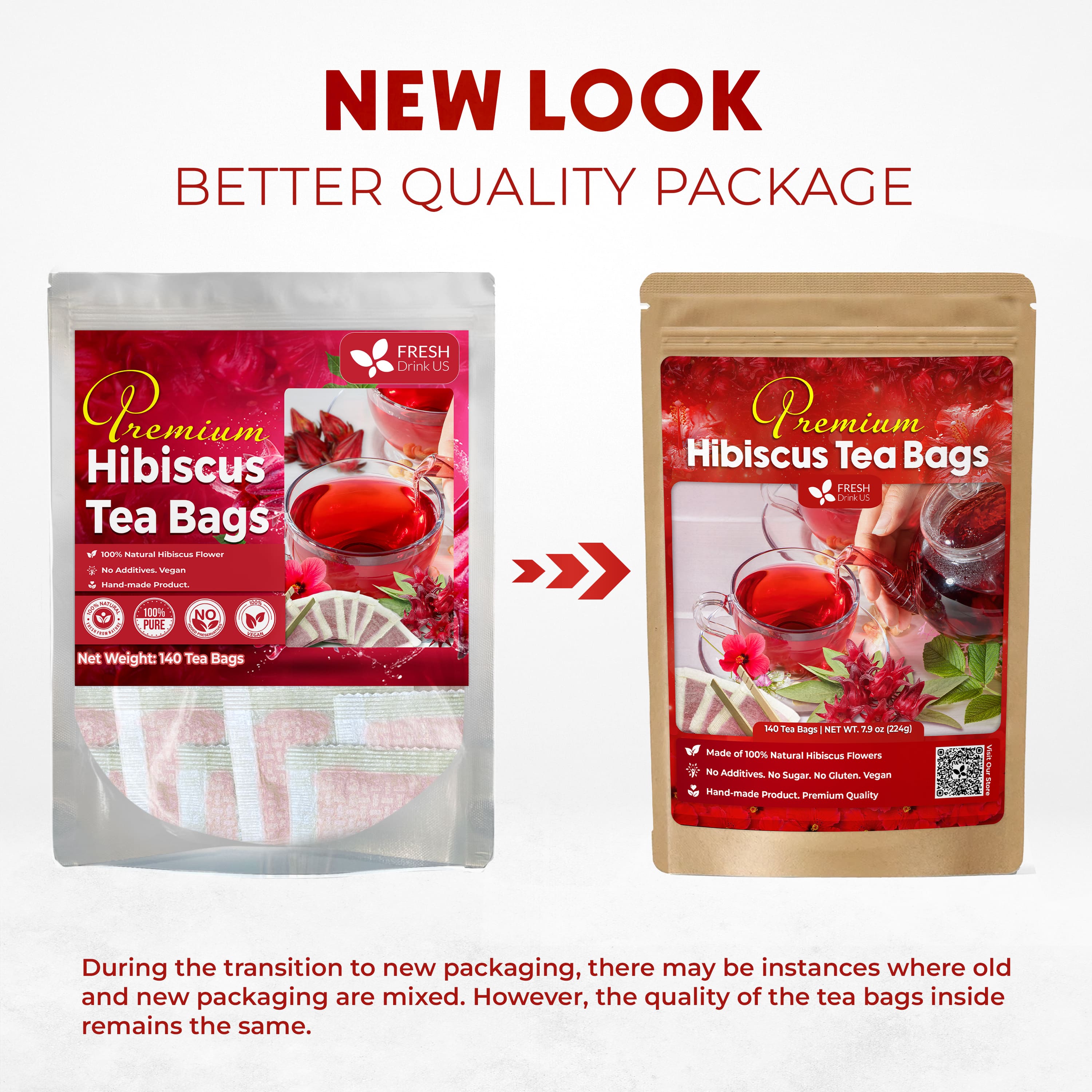 Hibiscus Dried Flowers, Tea Bags, 100% Natural, Pure from Hibiscus Flowers. Loose Flower Hibiscus Herbal Tea. Hibiscus Flower Tea. No Sugar, No Caffeine, No Gluten, Vegan. by FreshDrinkUS - Natural and Premium Herbal Tea