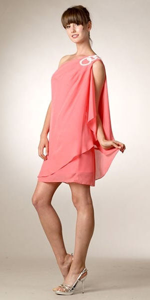 CLEARANCE - Eureka 1902 Layered One Shoulder Short Chiffon Coral Dress (Size M) by DiscountDressShop