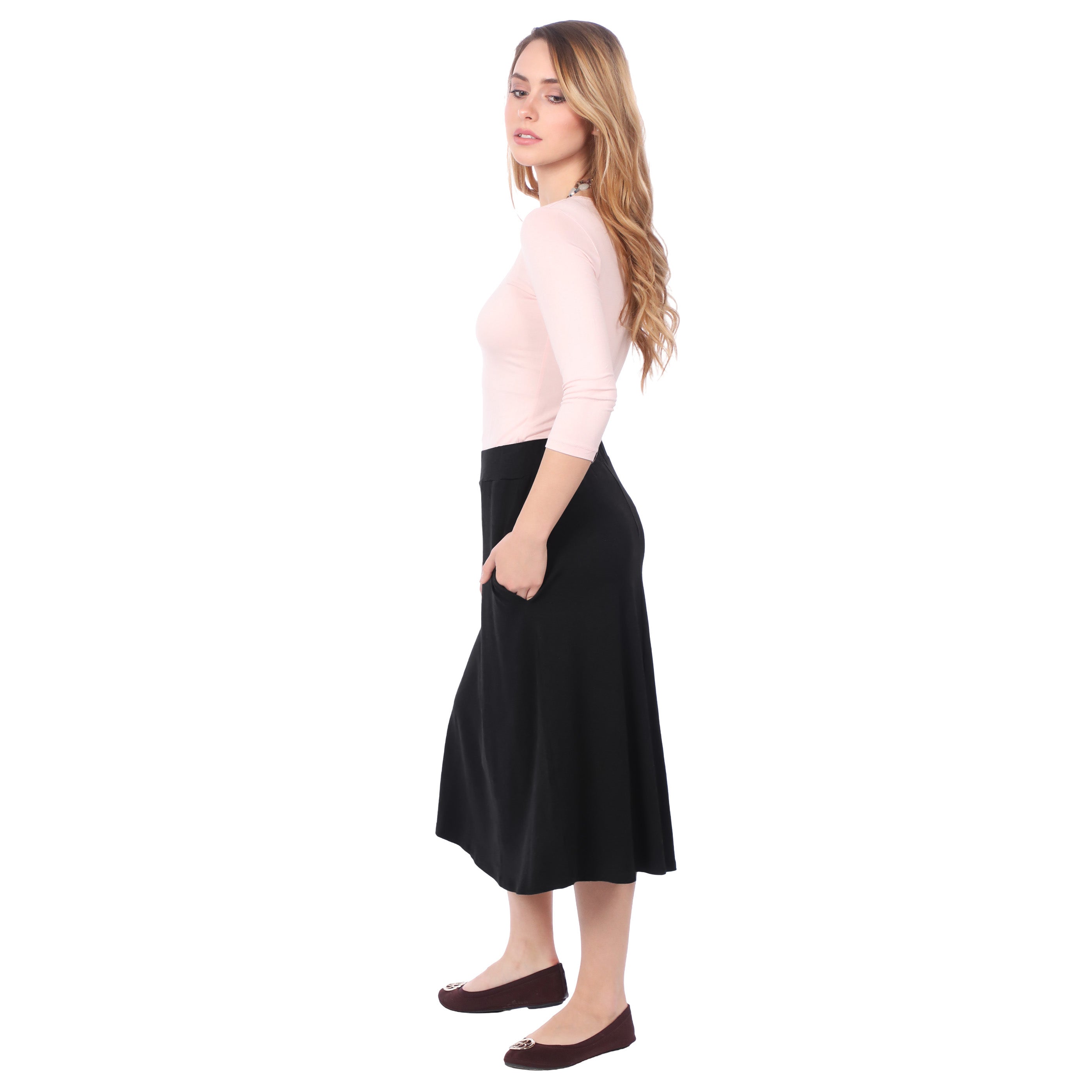 The Perfect A-Line Midi Skirt with Pockets by Kosher Casual USA