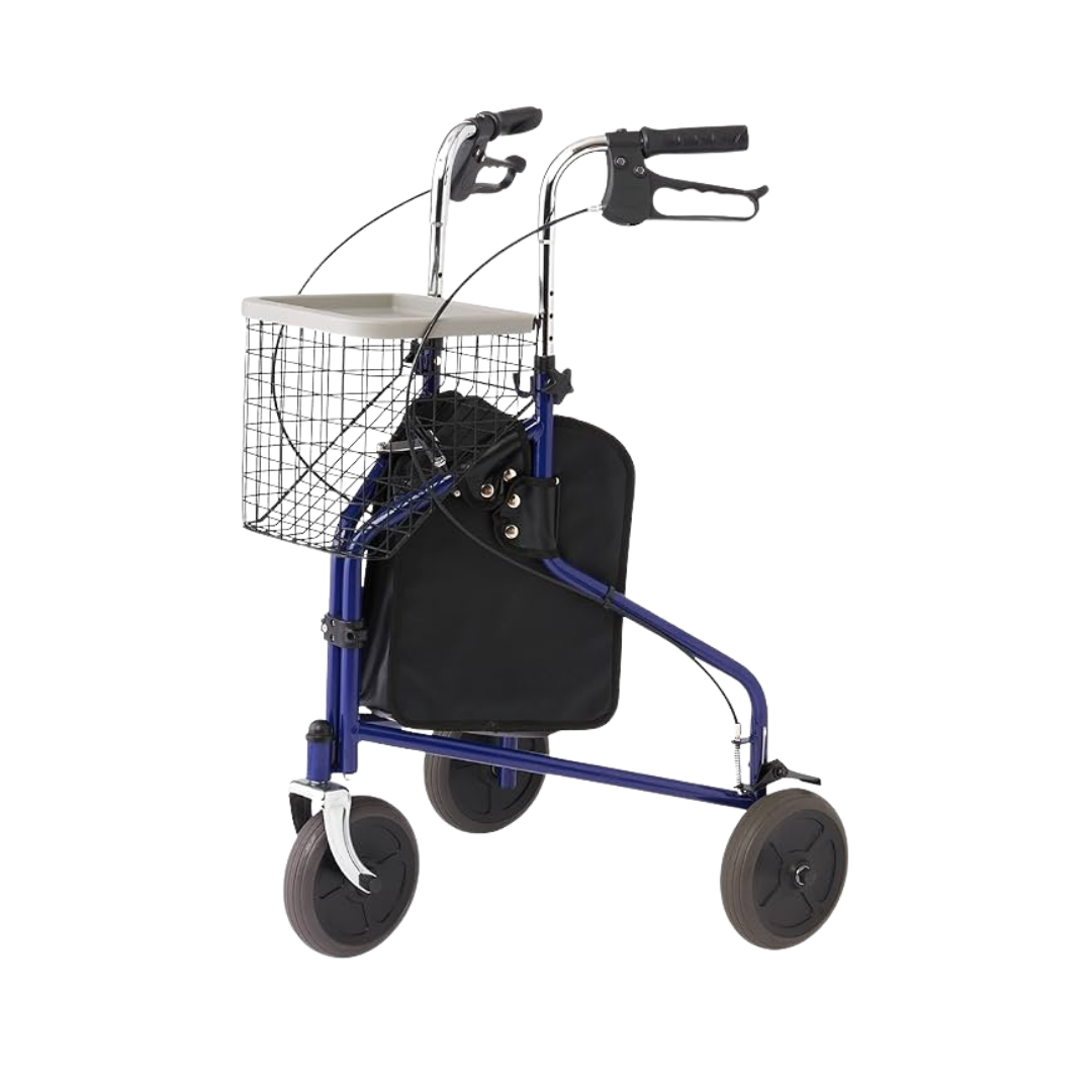 Medline 3-Wheel Rollator Walker with Basket and Tray Blue DestGlow