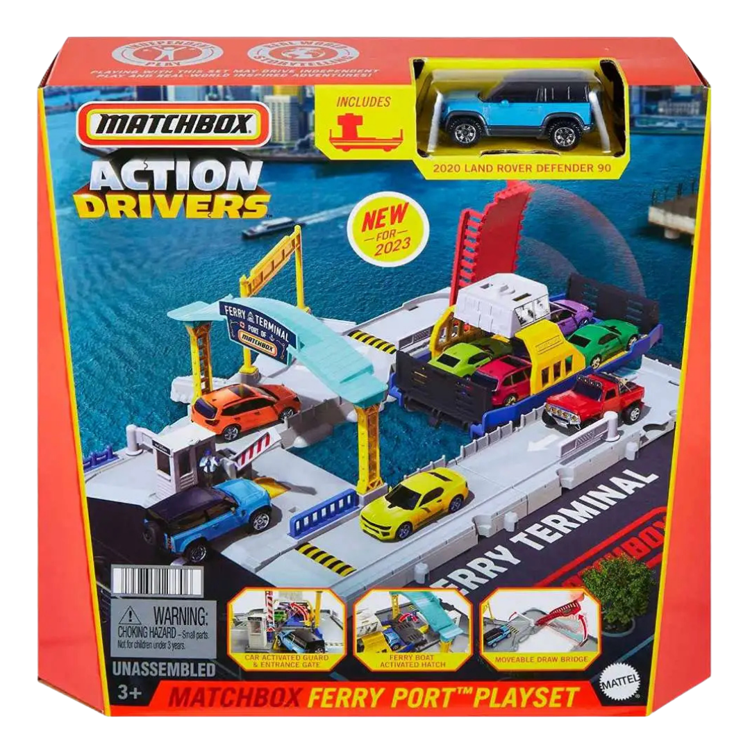 Matchbox Action Drivers Ferry Port Playset with Land Rover Defender 90 DestGlow