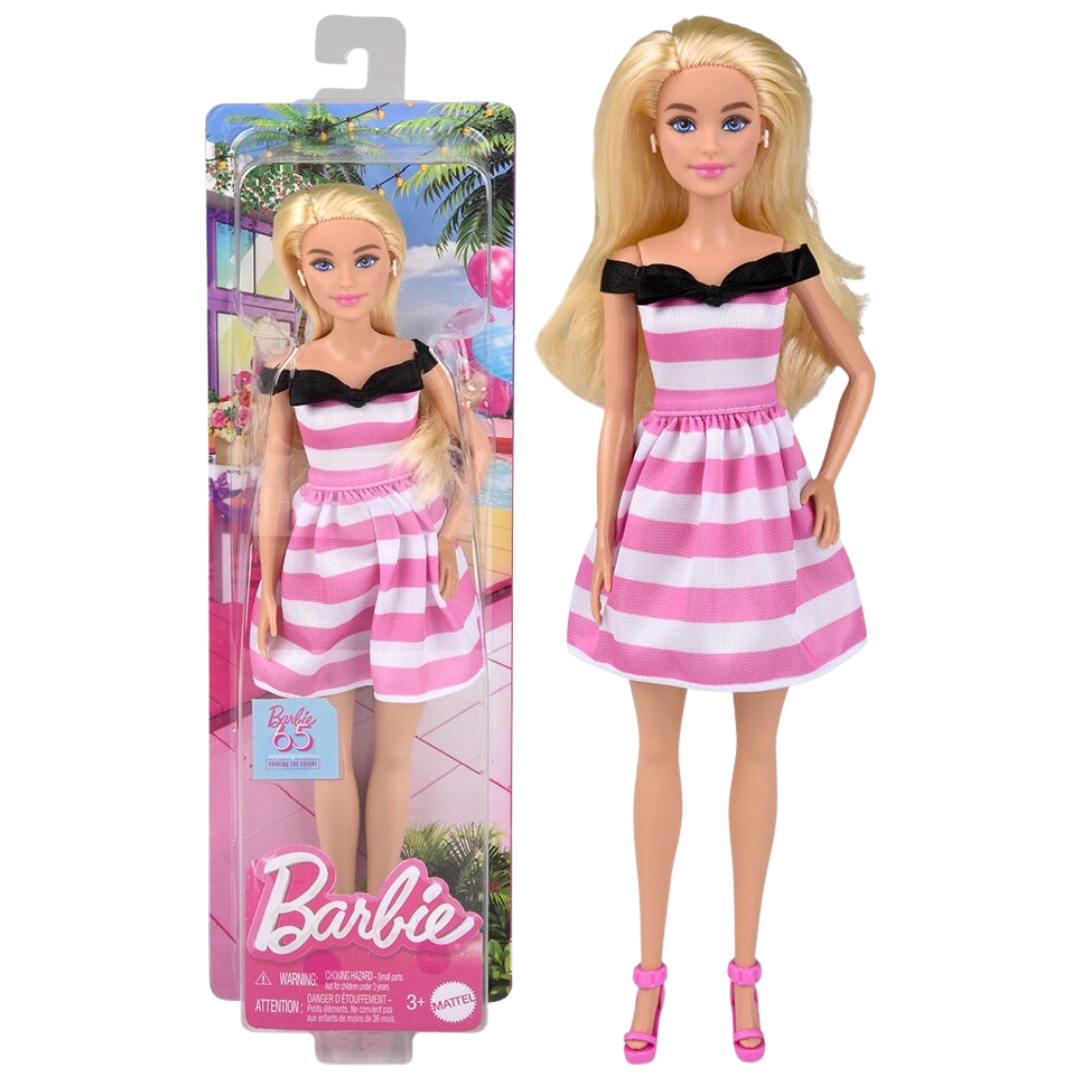 Barbie 65th Anniversary Fashion Doll Striped Dress DestGlow
