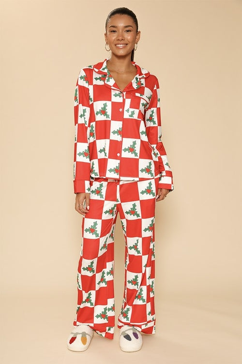 Women's Holiday Christmas Pajama Set - Button Front Top & Drawstring Pants