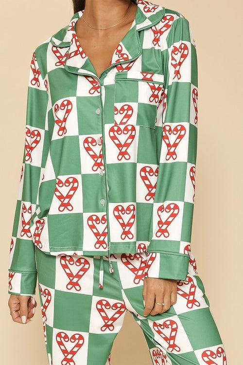 Women's Holiday Christmas Pajama Set - Button Front Top & Drawstring Pants