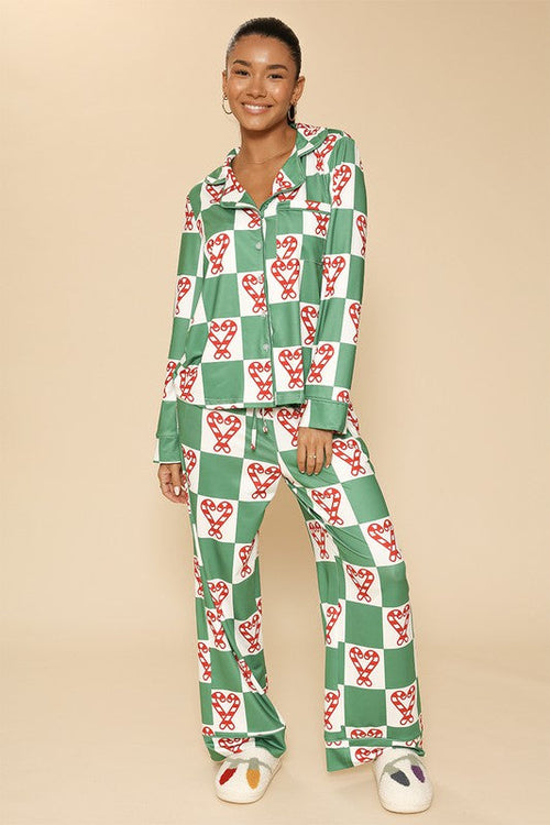 Women's Holiday Christmas Pajama Set - Button Front Top & Drawstring Pants