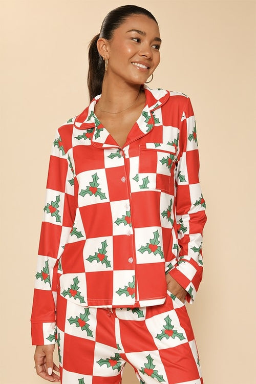 Women's Holiday Christmas Pajama Set - Button Front Top & Drawstring Pants