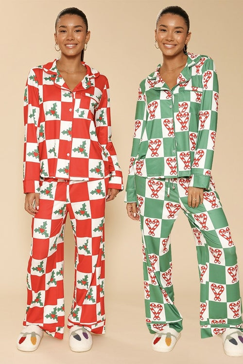 Women's Holiday Christmas Pajama Set - Button Front Top & Drawstring Pants