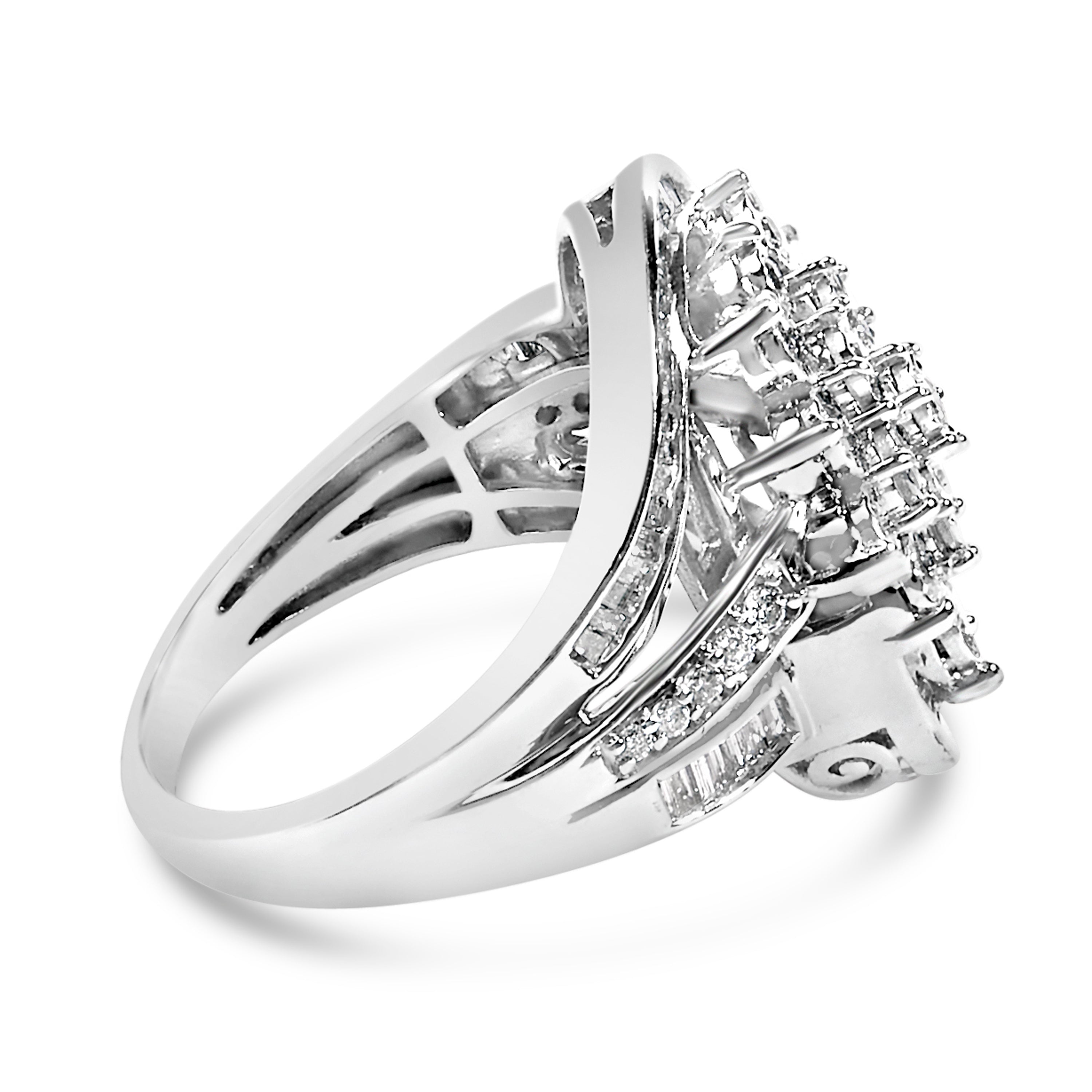 Sterling Silver 1.0 Cttw Diamond Swirl Cluster Cocktail Ring by Bids.com