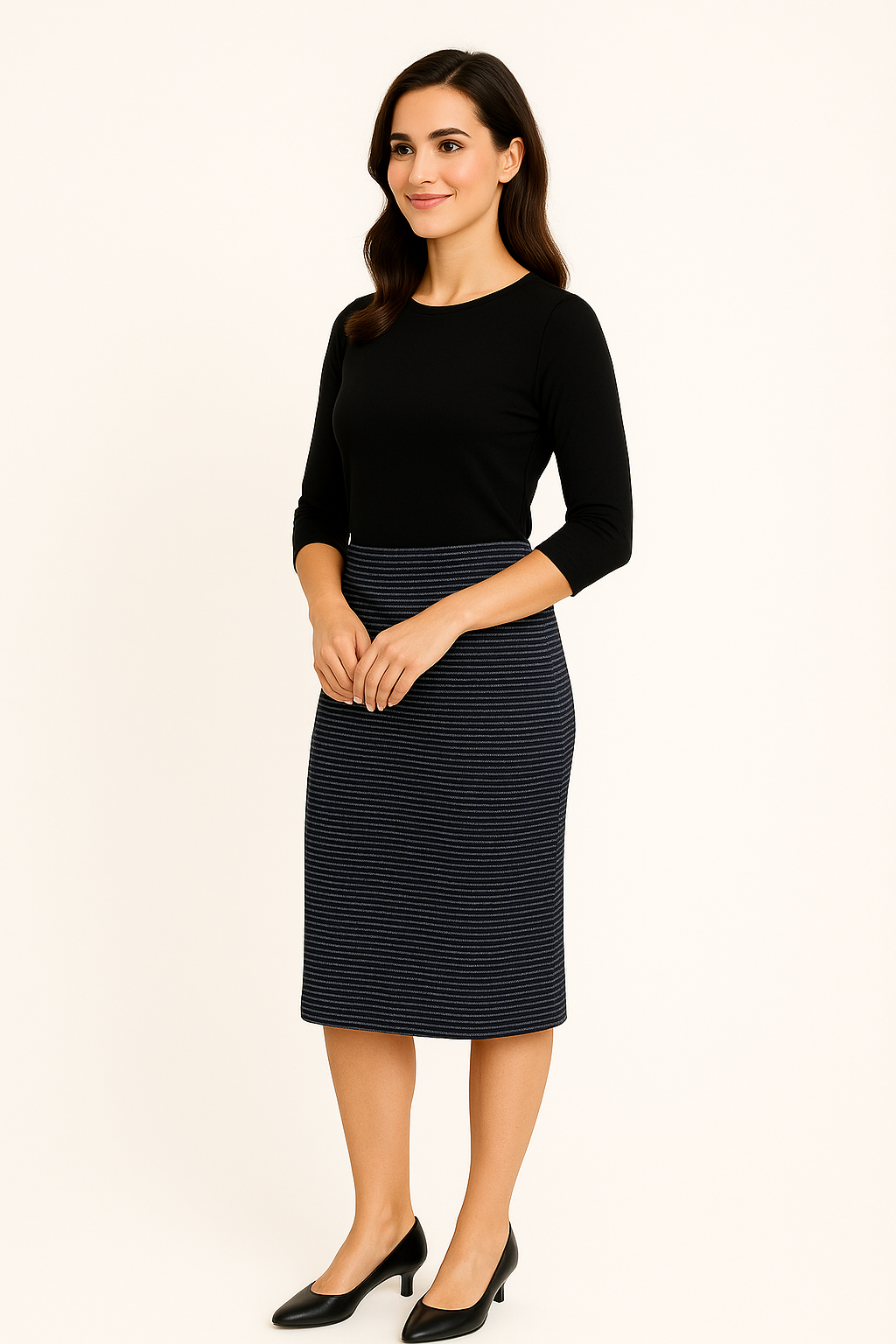 Modest Midi Pencil Skirt Below the Knee with Elastic Waist - Striped Pattern by Kosher Casual USA