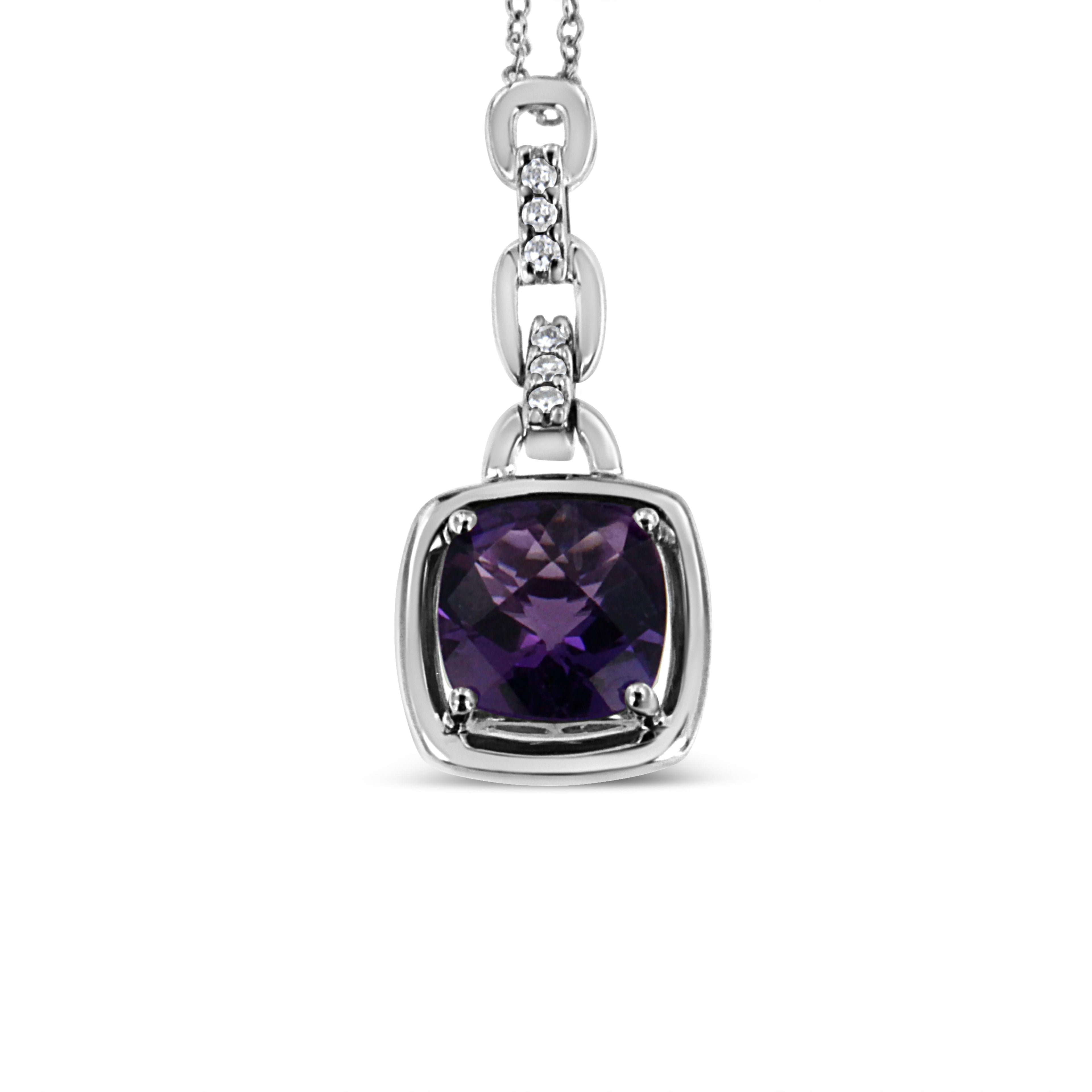 .925 Sterling Silver 6x6MM Cushion Shaped Natural Purple Amethyst and Diamond Accented Bale 18" Inch Pendant Necklace (I-J Color, I1-I2 Clarity) DestGlow