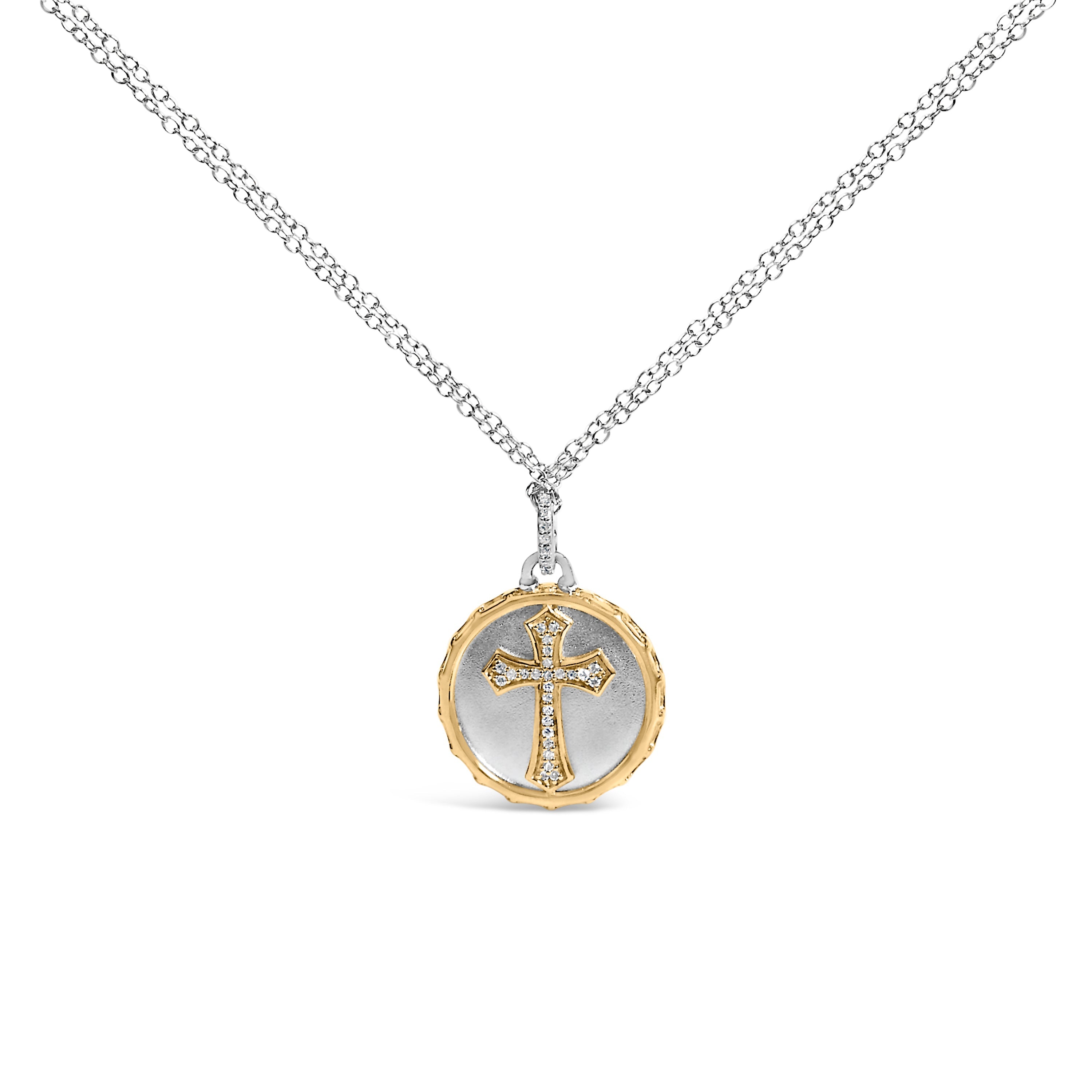 14K Yellow Gold Plated Sterling Silver 1/10 Cttw Diamond Cross Medallion Pendant Necklace DestGlow