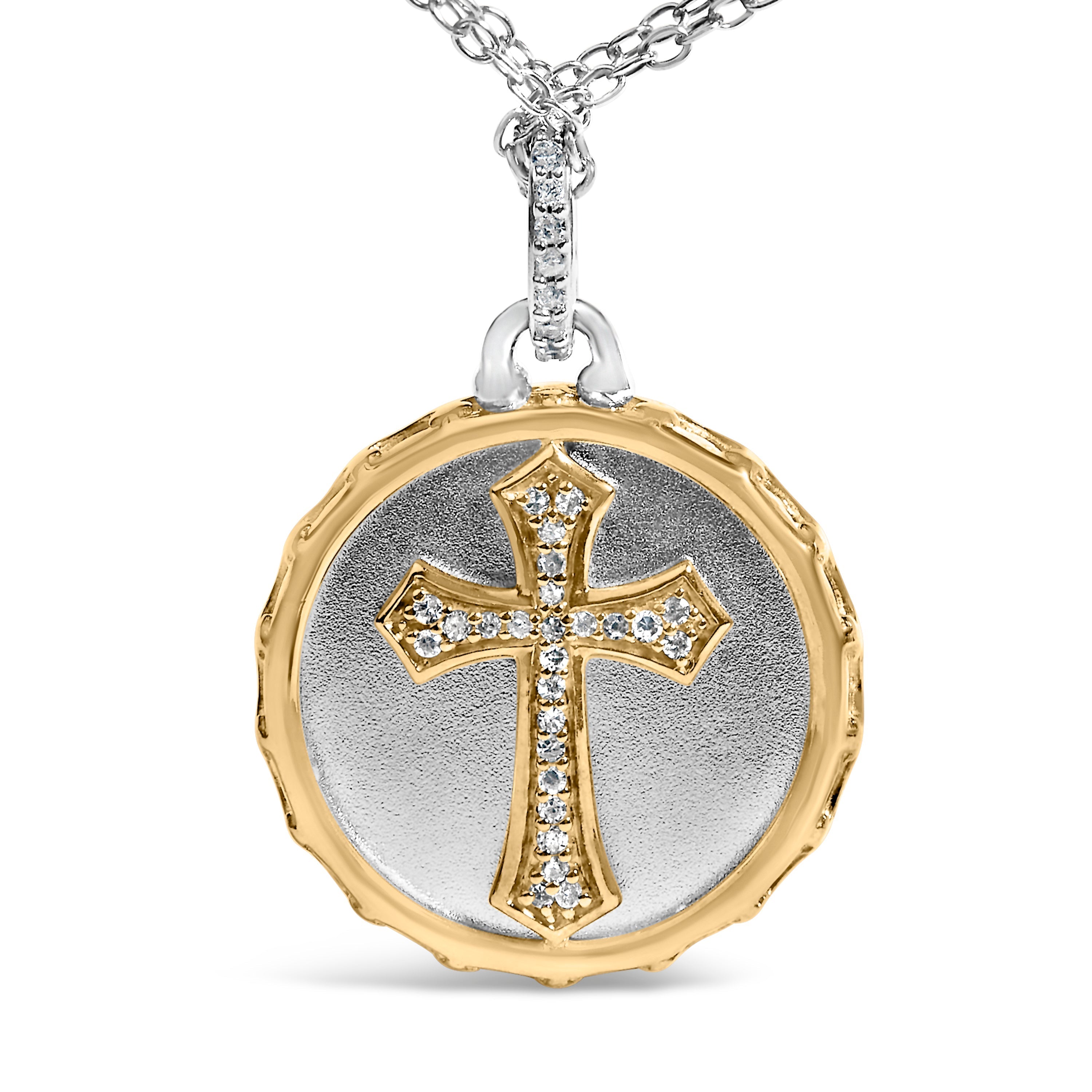 14K Yellow Gold Plated Sterling Silver 1/10 Cttw Diamond Cross Medallion Pendant Necklace DestGlow