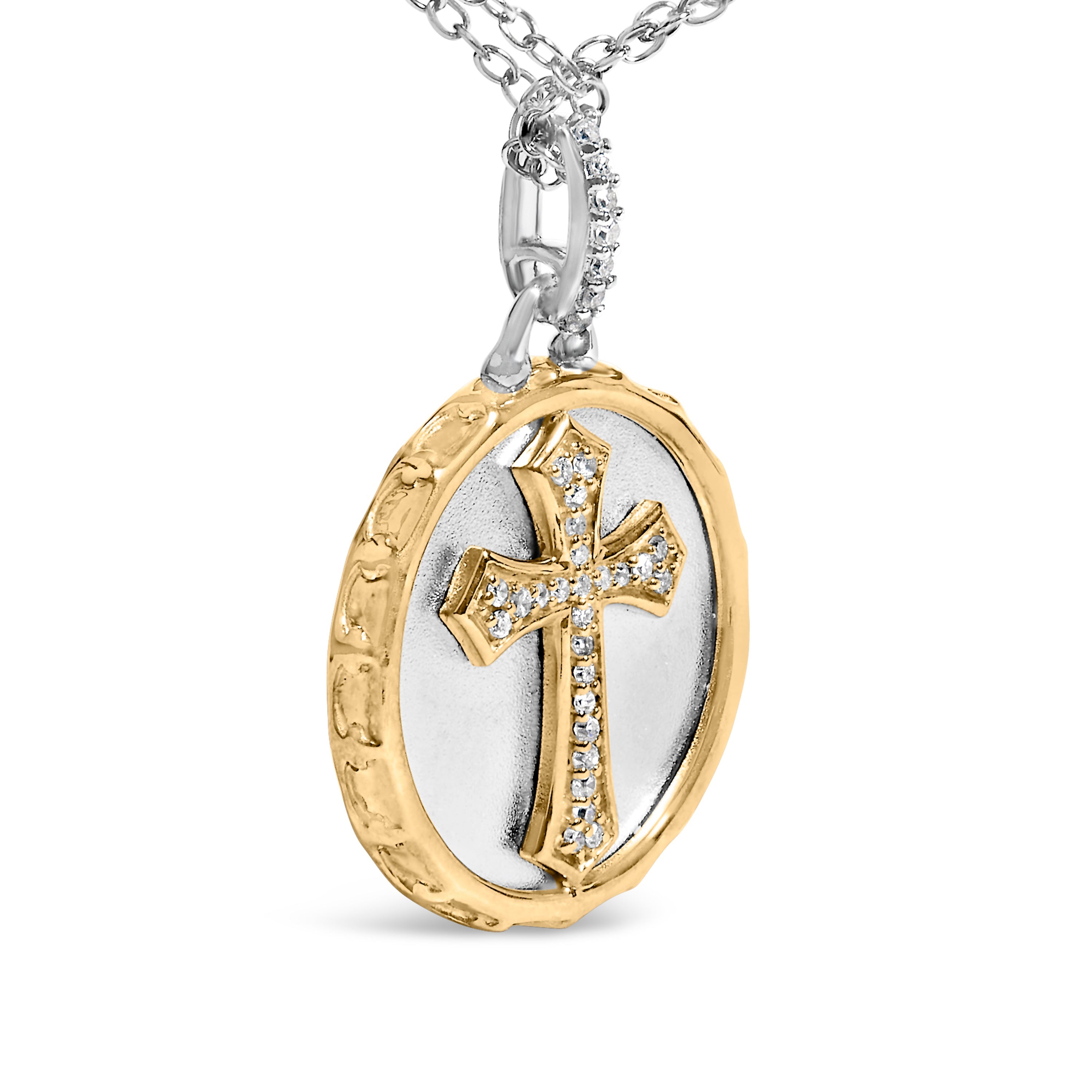 14K Yellow Gold Plated Sterling Silver 1/10 Cttw Diamond Cross Medallion Pendant Necklace DestGlow