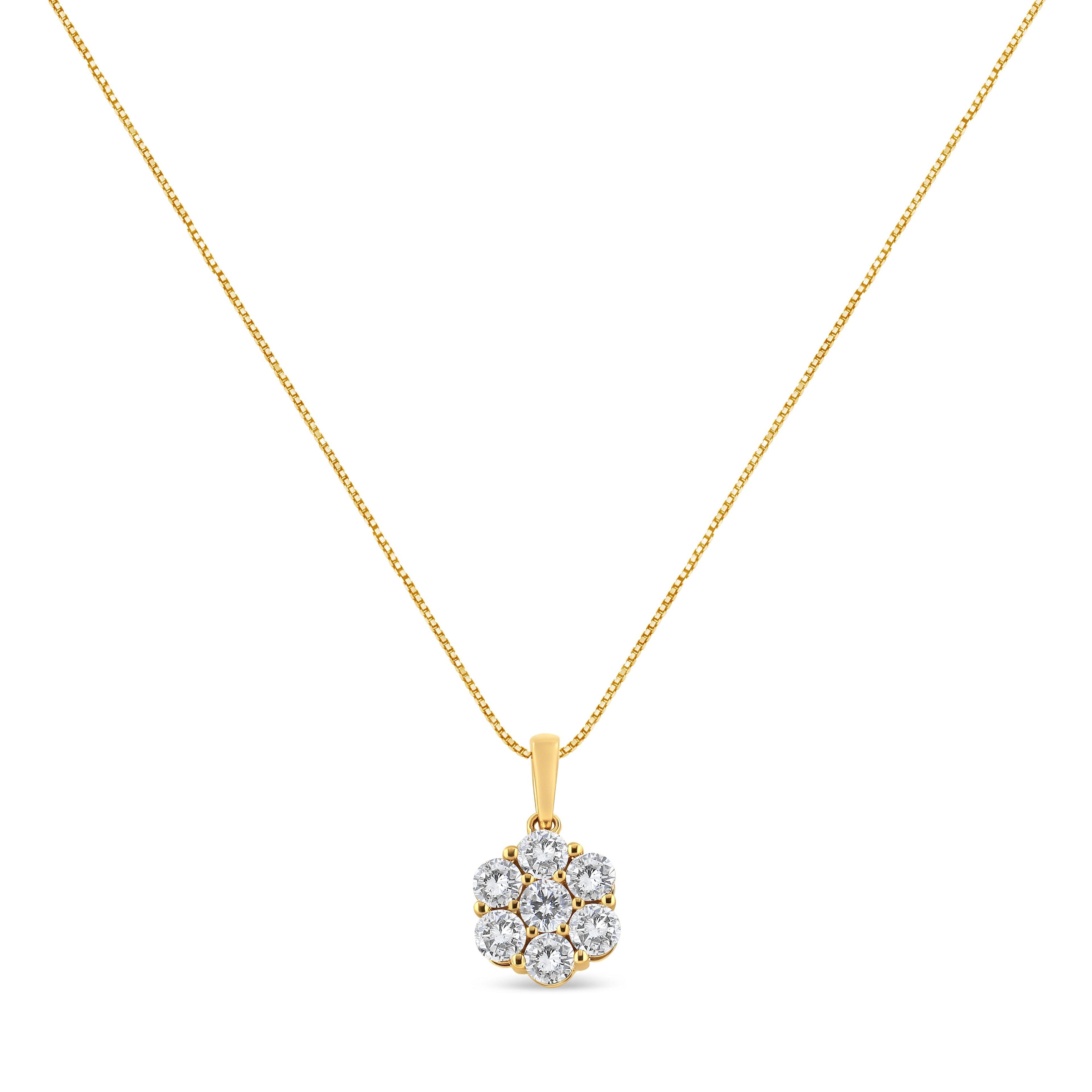 14K Yellow Gold 2.00 Cttw Brilliant Round-Cut Diamond 7 Stone Flower Cluster 18" Pendant Necklace (H-I Color, SI2-I1 Clarity)