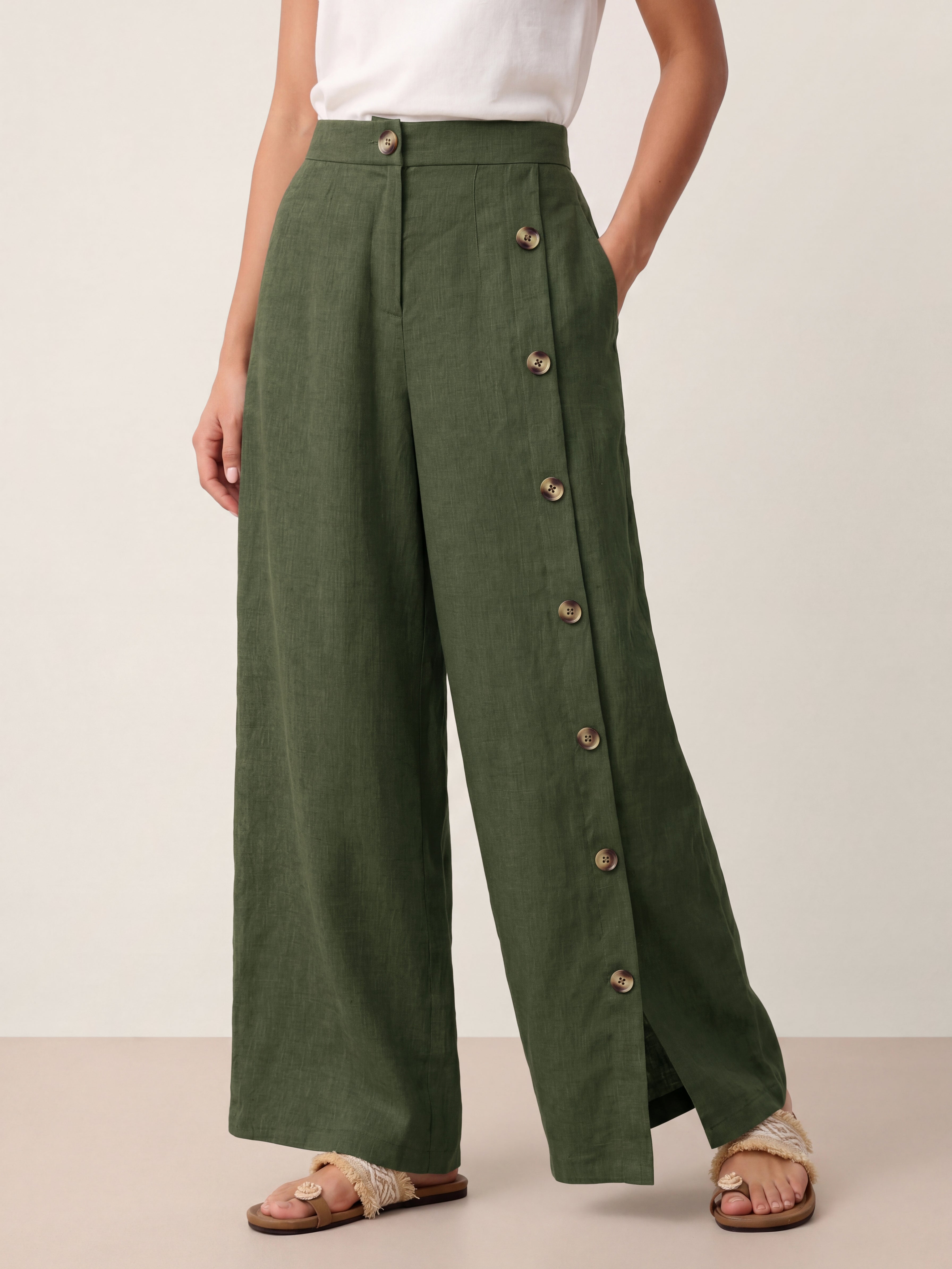 100% Linen Buttoned Slit-Hem Pants KATYA DestGlow