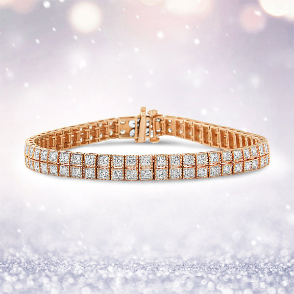 14K Rose Gold 3.0 Cttw Lab Grown Diamond Two Row Milgrain 7" Inch Tennis Bracelet (G-H Color, VS2-SI1 Clarity) DestGlow