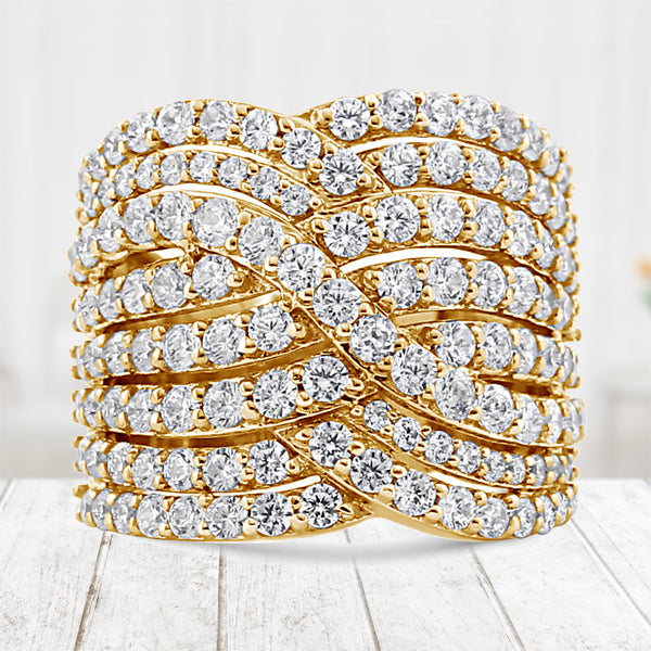 10K Yellow Gold 3.0 Cttw Diamond Eight-Row Bypass Crossover Statement Band Ring (H-I Color, I2-I3 Clarity) - Size 7 by Bids.com