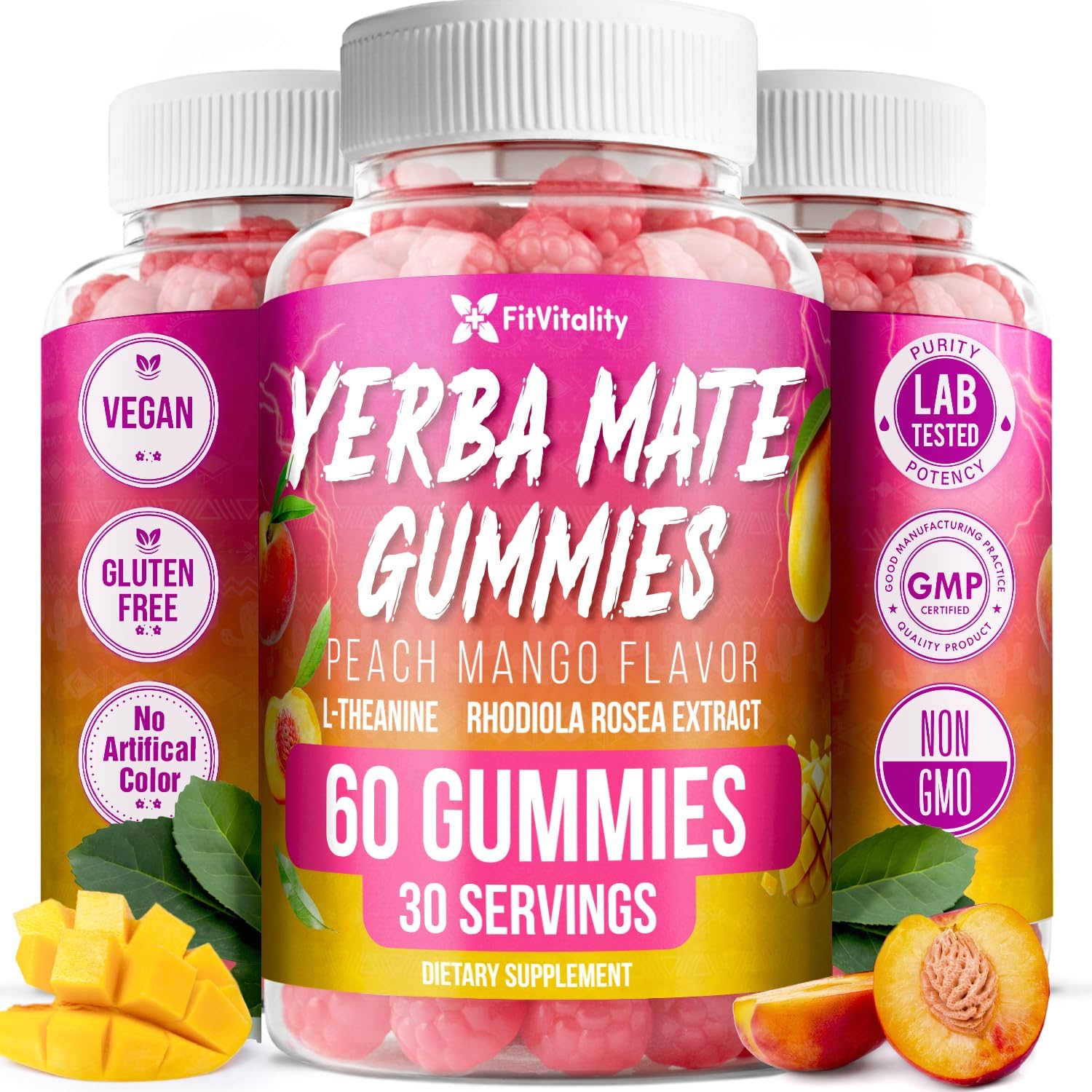 Yerba Mate Gummies – Super Focus & Energy Support – Formulated with Yerba Mate Extract, L-Theanine, Rhodiola, Ginseng, Choline, B12 – Peach Mango Flavor by FreshDrinkUS - Natural and Premium Herbal Tea
