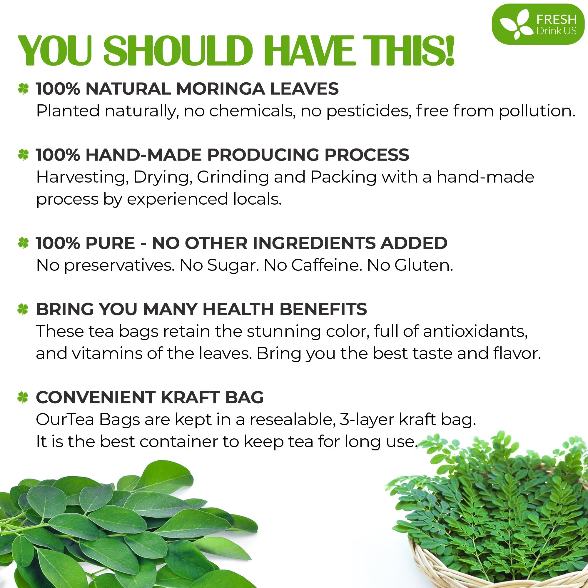 Moringa Leaf Tea Bags, 100% Natural & Pure from Moringa Leaves. Loose Leaf Moringa Herbal Tea. Moringa Leaf Tea. No Sugar, No Caffeine, No Gluten, Vegan by FreshDrinkUS - Natural and Premium Herbal Tea