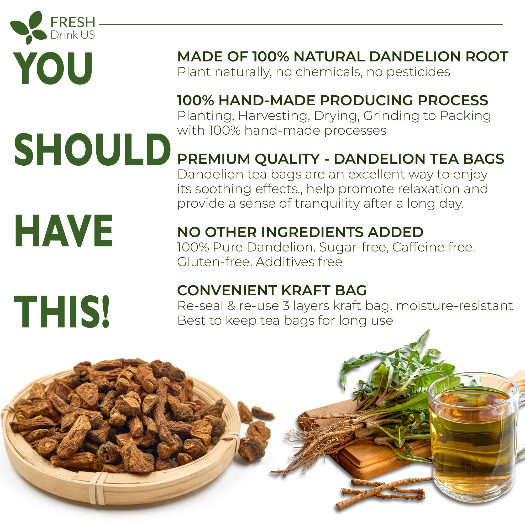 Dandelion Root Tea Bags, 100% Natural & Pure from Dandelion Root, Eco-Conscious Tea Bags, Dandelion Root Herbal Tea. Dandelion Root Tea. No Sugar, No Caffeine, No Gluten, Vegan. by FreshDrinkUS - Natural and Premium Herbal Tea