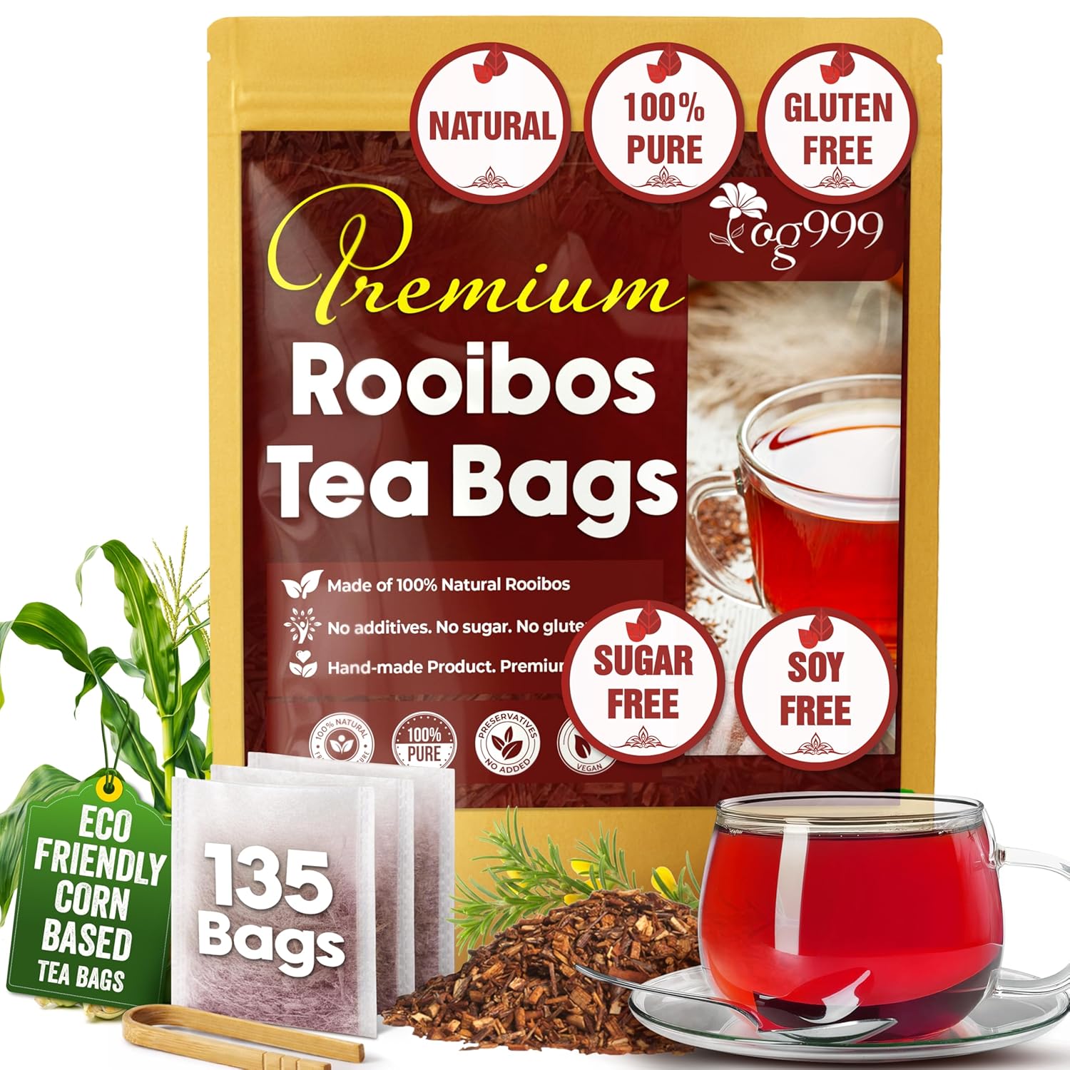 Premium Red Rooibos Tea Bags, 100% Natural & Pure from Rooibos Tea Leaves. Loose Leaf Rooibos Herbal Tea. Made with Natural Material Tea Bags. No Sugar, No Caffeine, No Gluten, Vegan. by FreshDrinkUS - Natural and Premium Herbal Tea