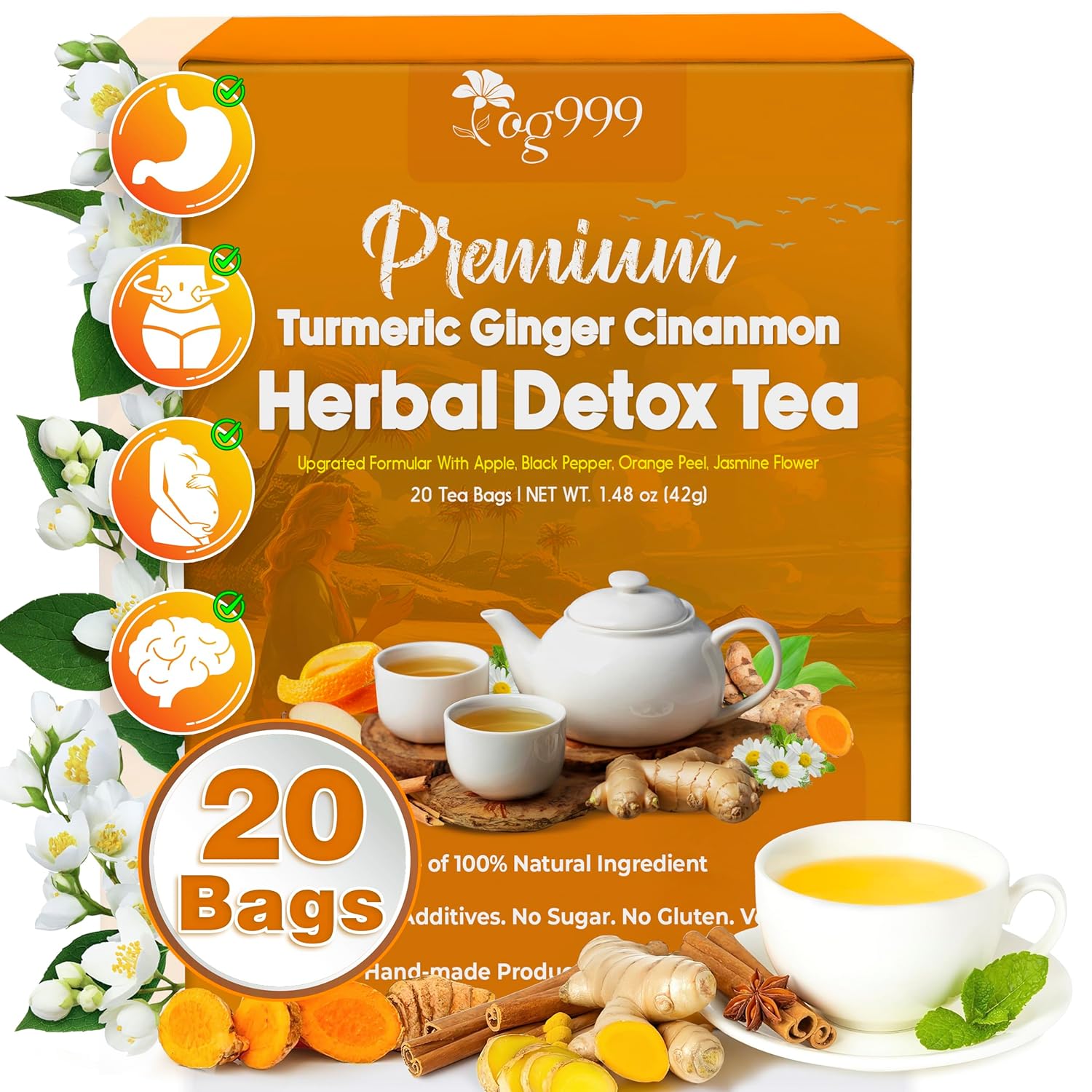 Premium Ginger, Turmeric and Cinnamon, Hand-made Blend of Ginger, Turmeric, Cinnamon, Orange Peel, Black Pepper, Hawthorn Berry and Jasmine. by FreshDrinkUS - Natural and Premium Herbal Tea