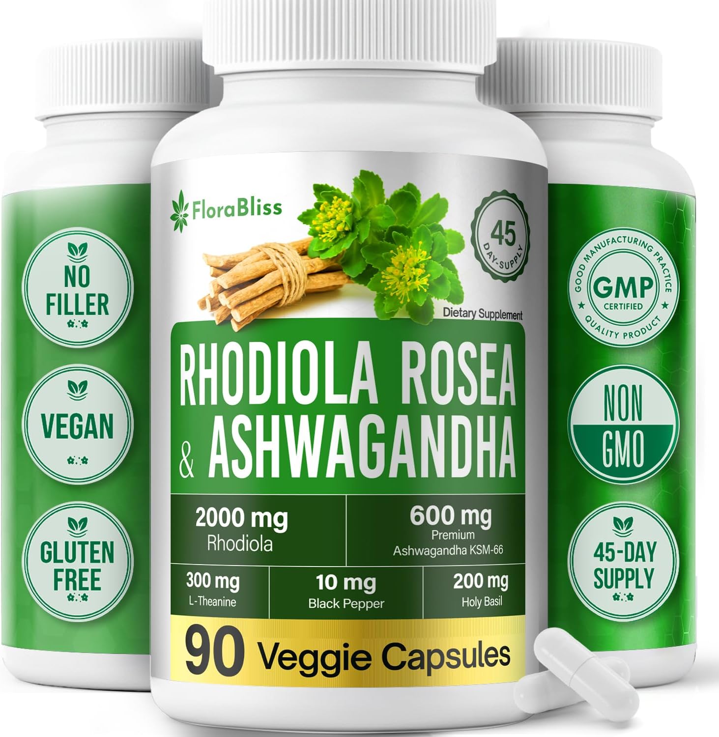 Rhodiola Rosea 2000mg with Ashwagandha KSM-66, L-Theanine, Holy Basil & BioPerine - High Potency Vegan Capsules by FreshDrinkUS - Natural and Premium Herbal Tea
