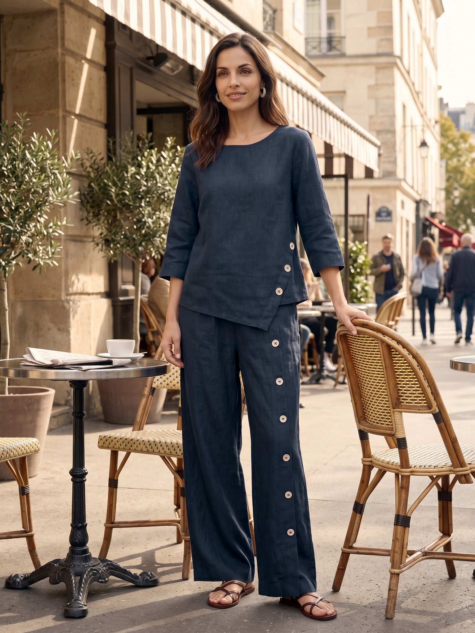 100% Linen Asymmetric-Hem Button-Trim Top NYLA DestGlow