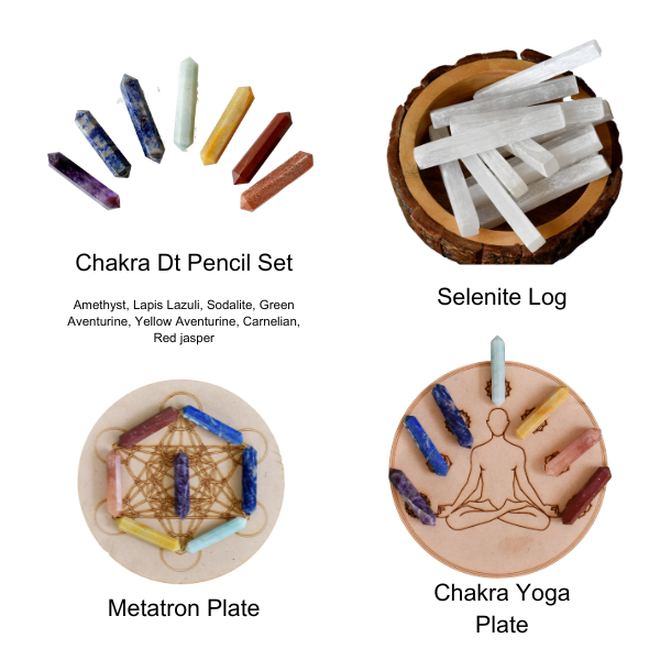 Chakra Crystals Points Set, 7 Chakra Stones Point Set with Wooden Grid Plate, Selenite Log DestGlow