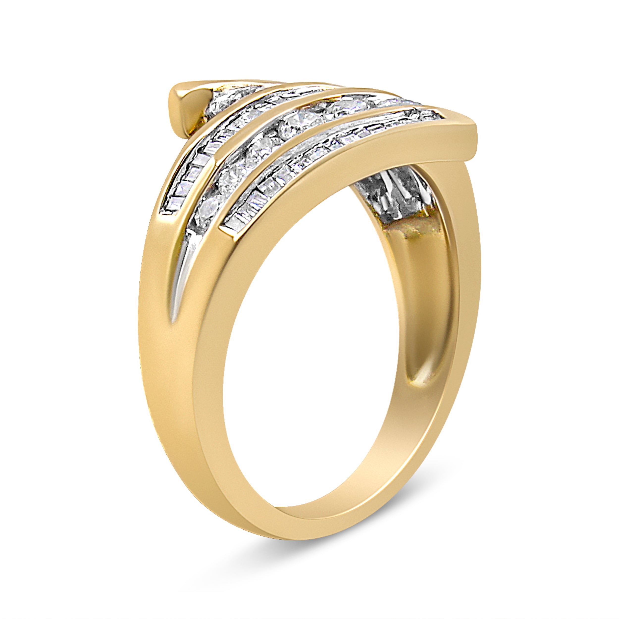 10K Yellow Gold 1 Cttw Round and Baguette-Cut Diamond Multi Row Bypass Ring Band (H-I Color, I1-I2 Clarity) - Ring Size 7 by Bids.com