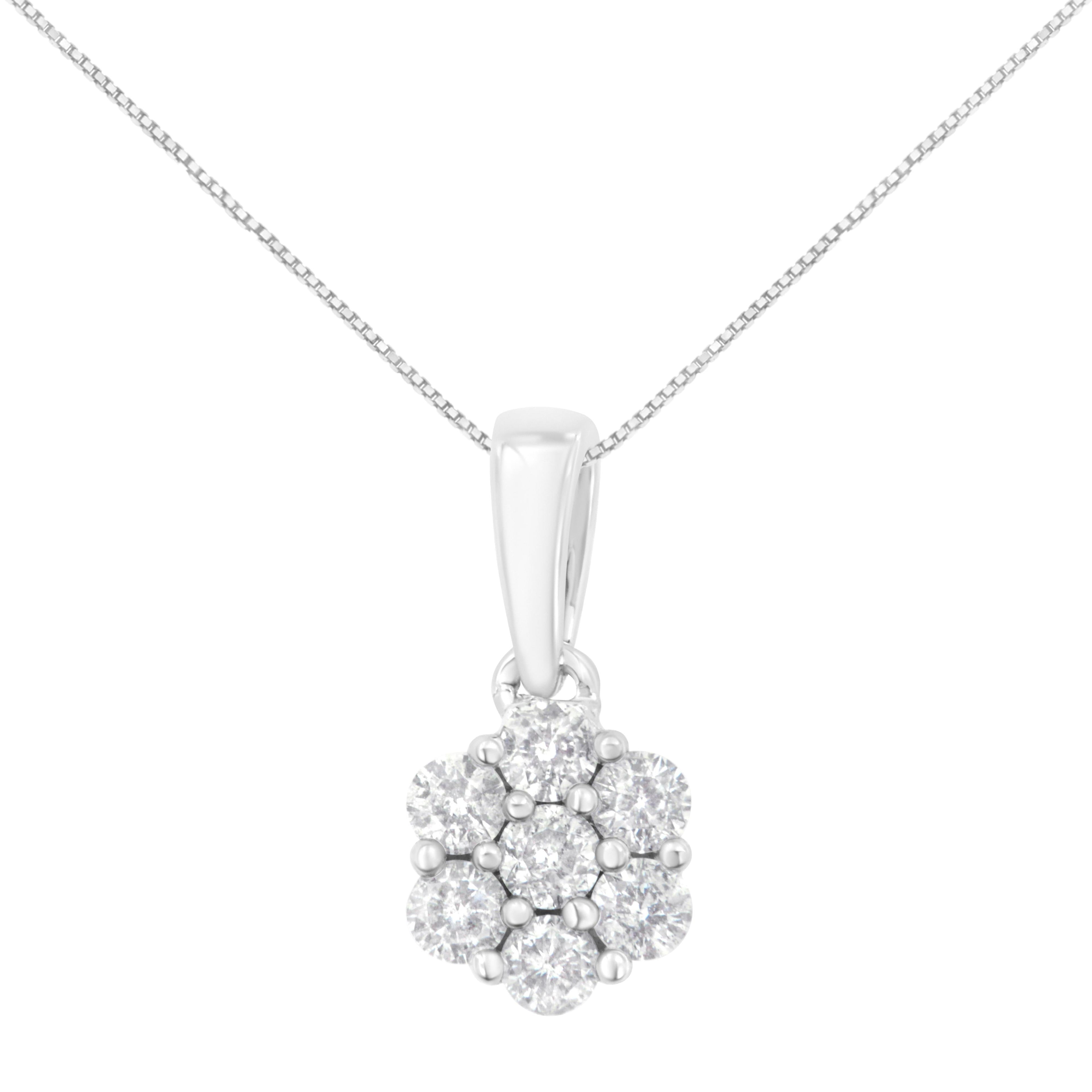 14K White Gold 1/2 cttw Prong Set Round-Cut Diamond 7 Stone Floral Cluster 18" Pendant Necklace (H-I Color, I1-I2 Clarity) by Bids.com
