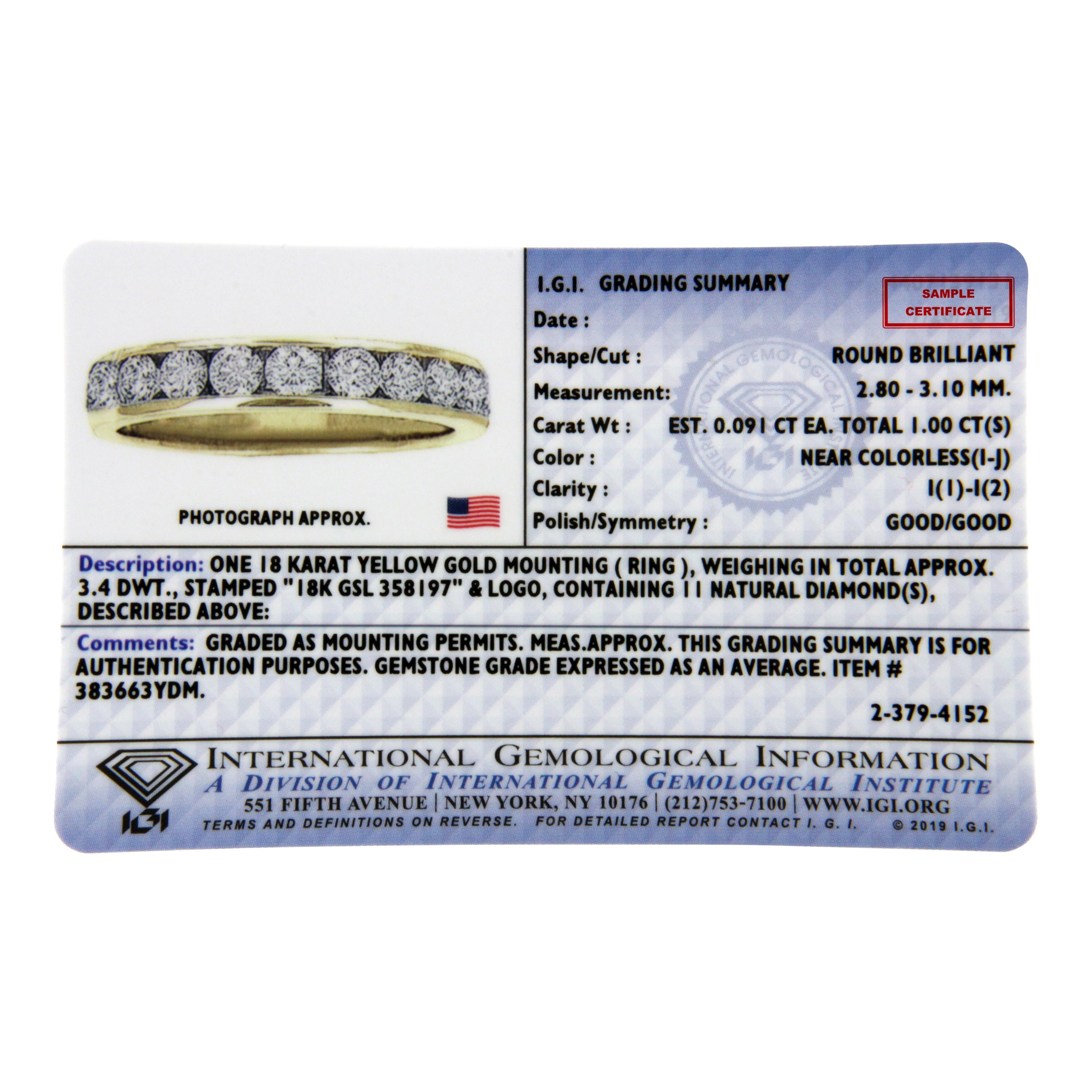 IGI Certified 18K Yellow Gold 1.0 Cttw Channel Set Round-Cut Diamond 11 Stone Anniversary/Wedding Band Ring (I-J Color, I1-I2 Clarity) - Size 9.5 DestGlow