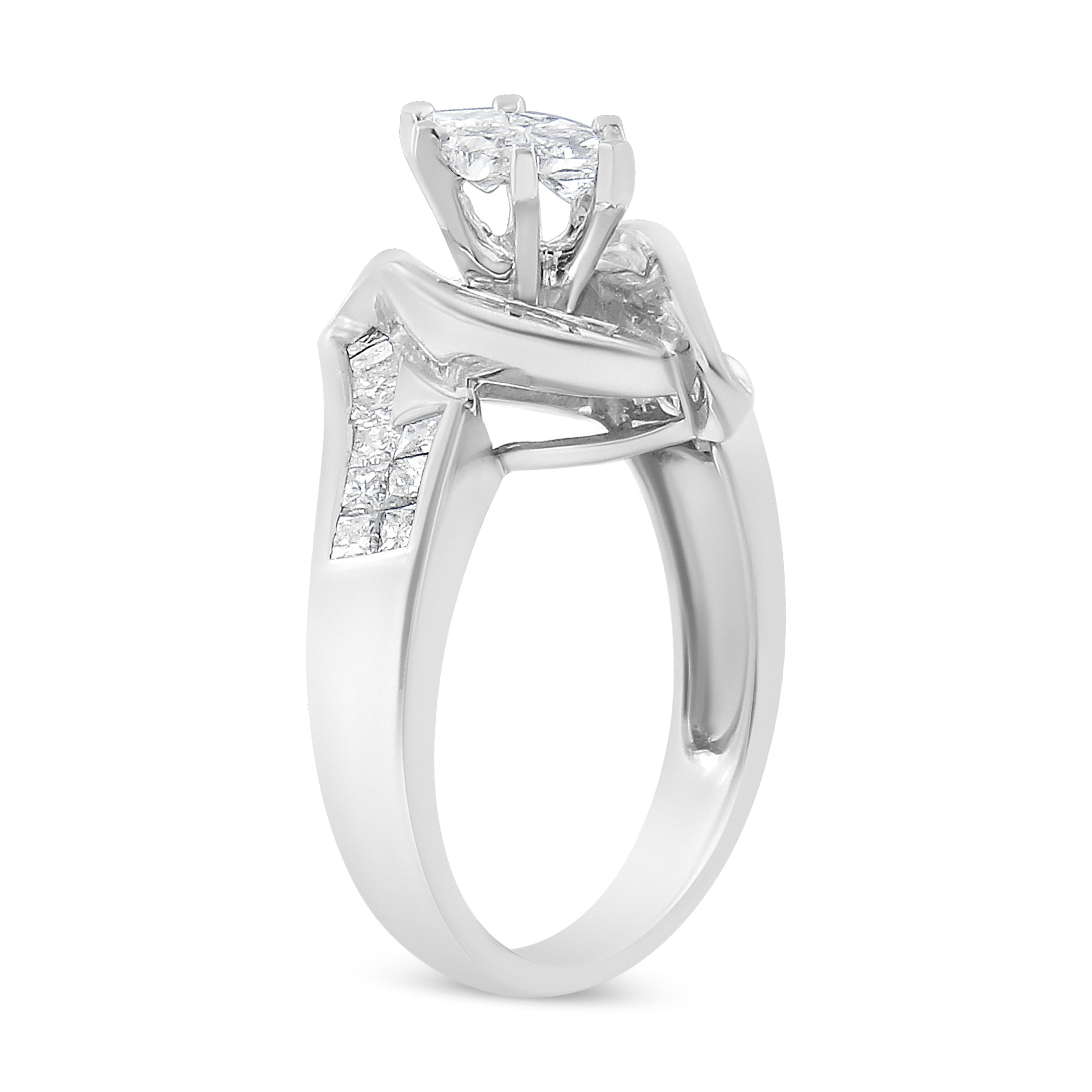 14K White Gold 1 1/4 Cttw Pie, Baguette and Princess cut Diamond Marquise Shape Engagement Cocktail Ring (H-I Color, SI2-I1 Clarity) DestGlow