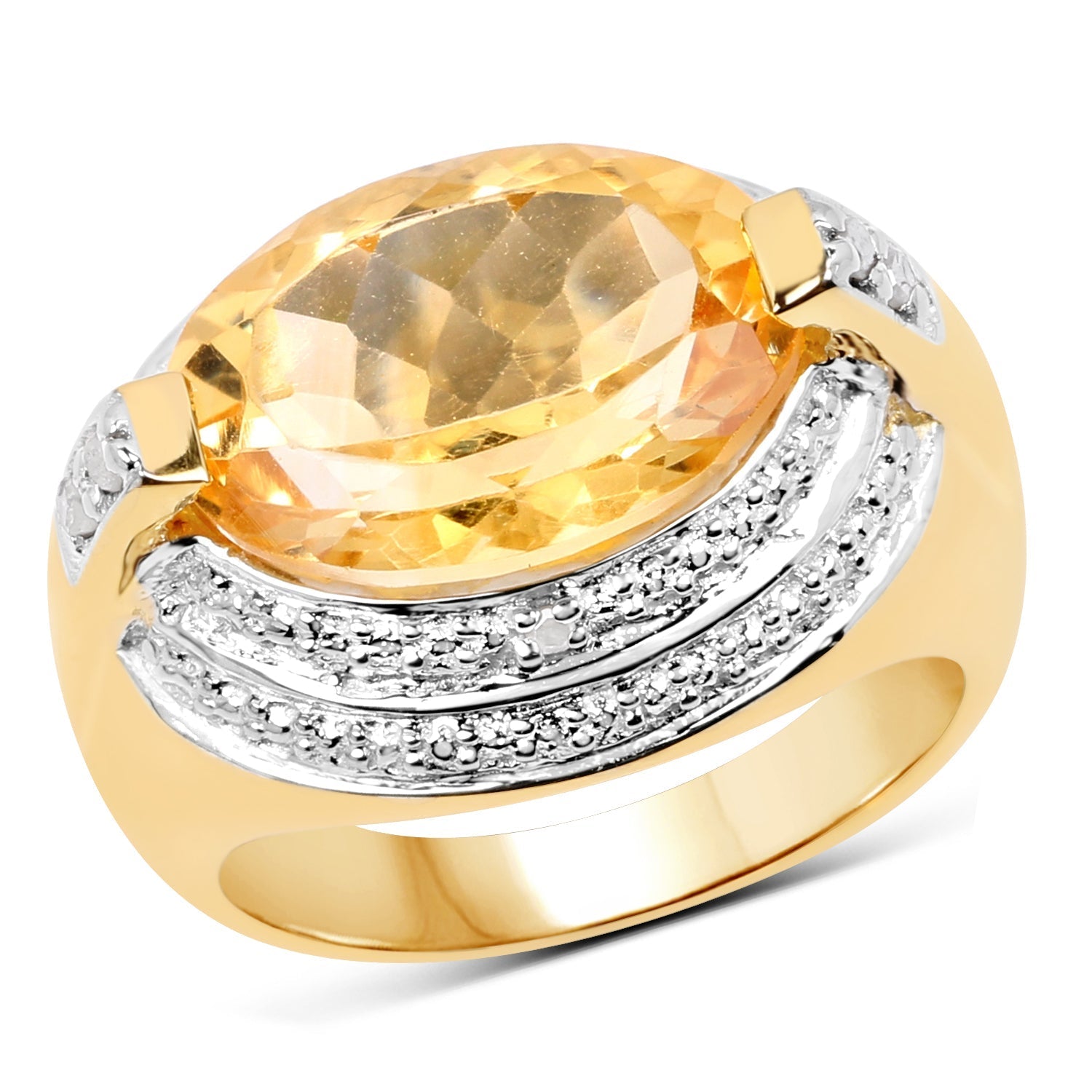 14K Yellow Gold Plated 5.06 Carat Genuine Citrine & White Diamond .925 Sterling Silver Ring DestGlow