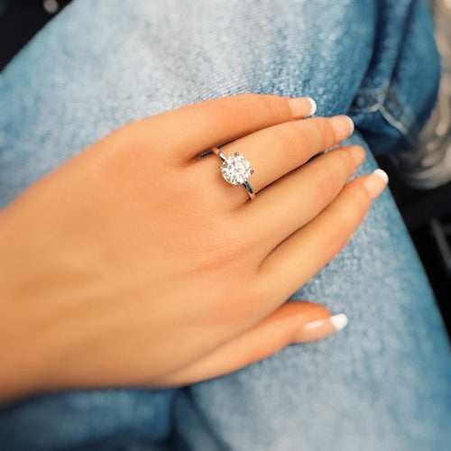 Paved Halo Solitaire Moissanite Ring - 2 Carat White Gold Plated Sterling Silver