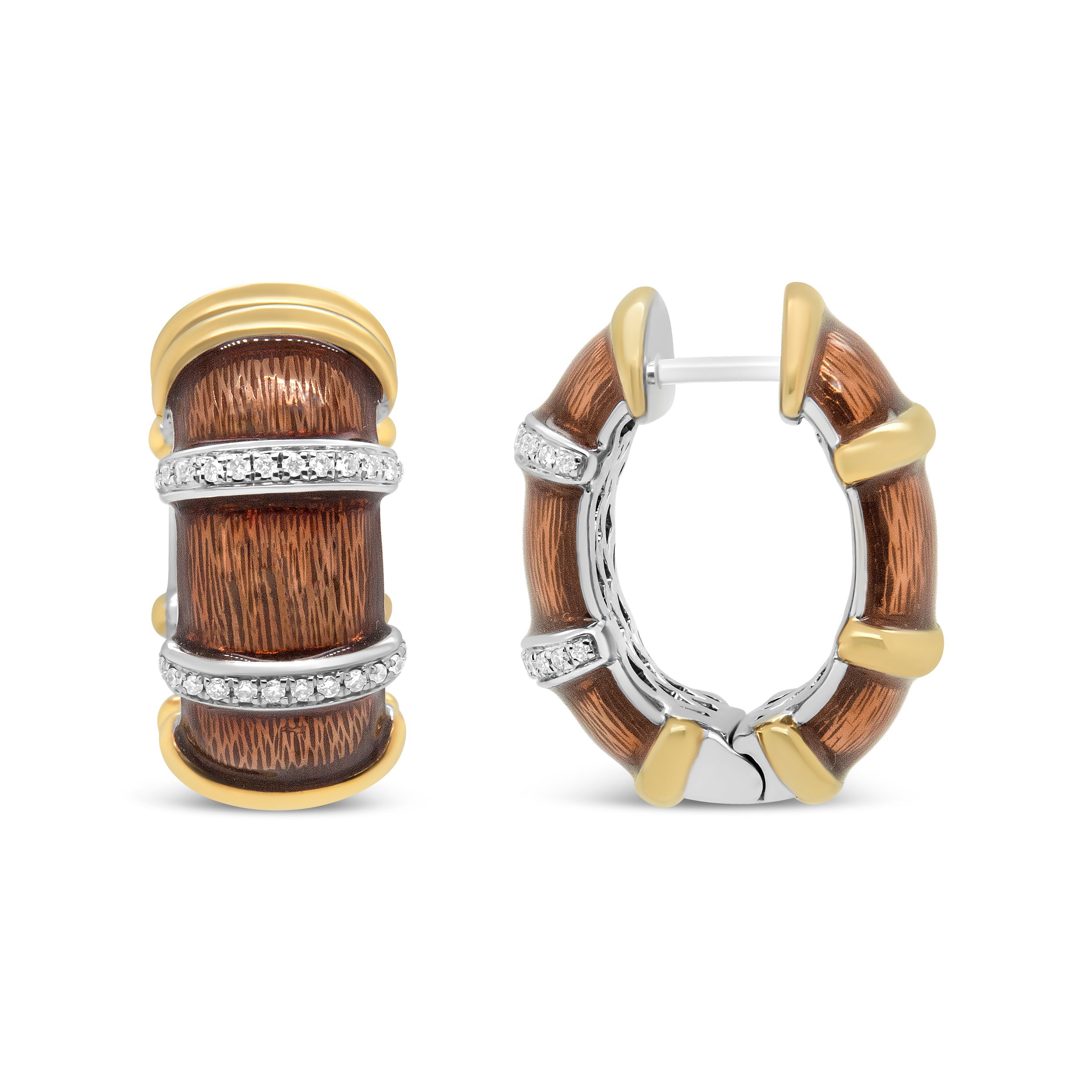 18K Yellow and White Gold Flash Plated .925 Sterling Silver Clear Brown Enamel 9/10 Cttw Round Diamonds Huggie Hoop Earrings (F-G Color, VS1-VS2 Clarity) by Bids.com