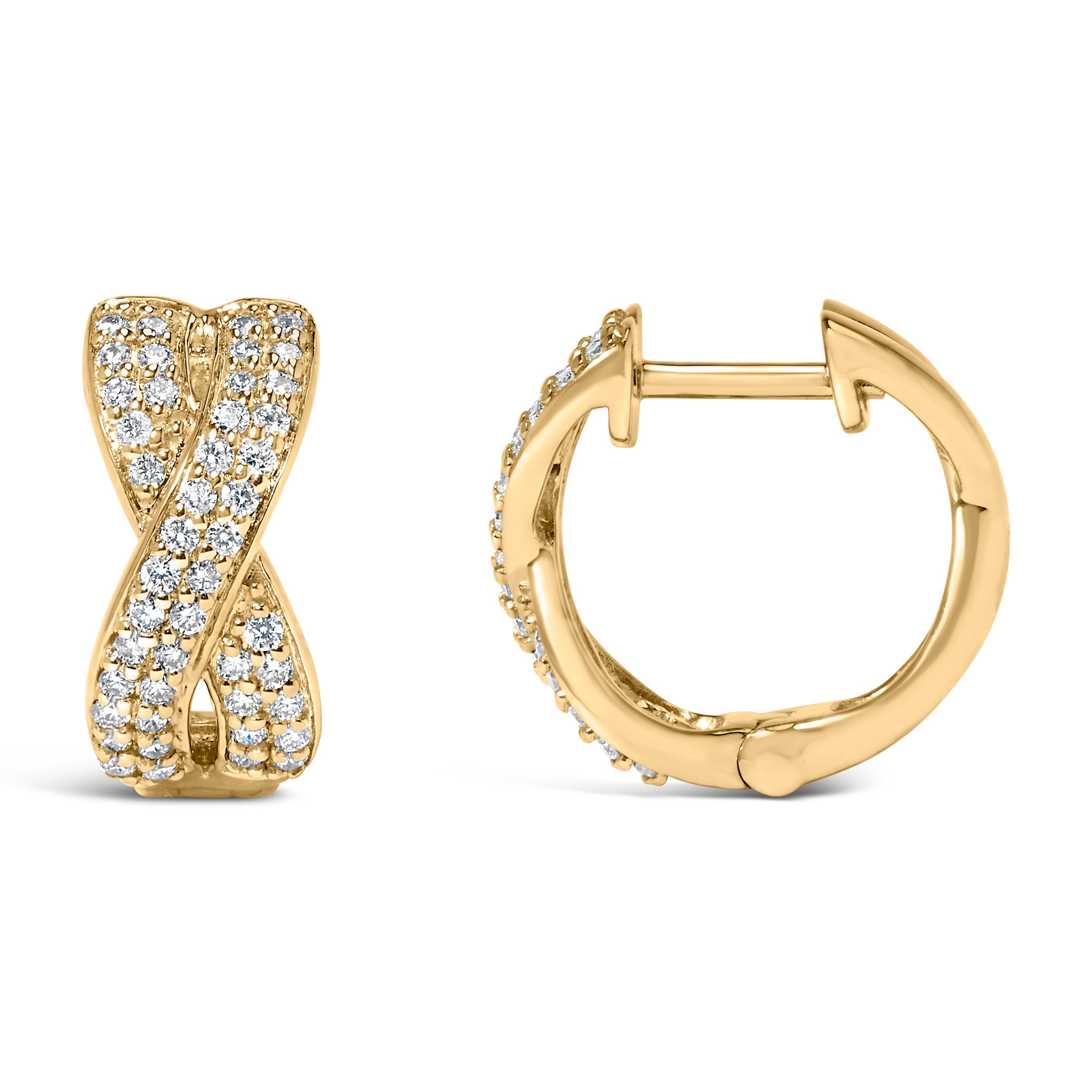 14K Yellow Gold 1/3 Cttw Diamond Criss Cross Huggie Hoop Earrings (G-H Color, SI2-I1 Clarity) DestGlow