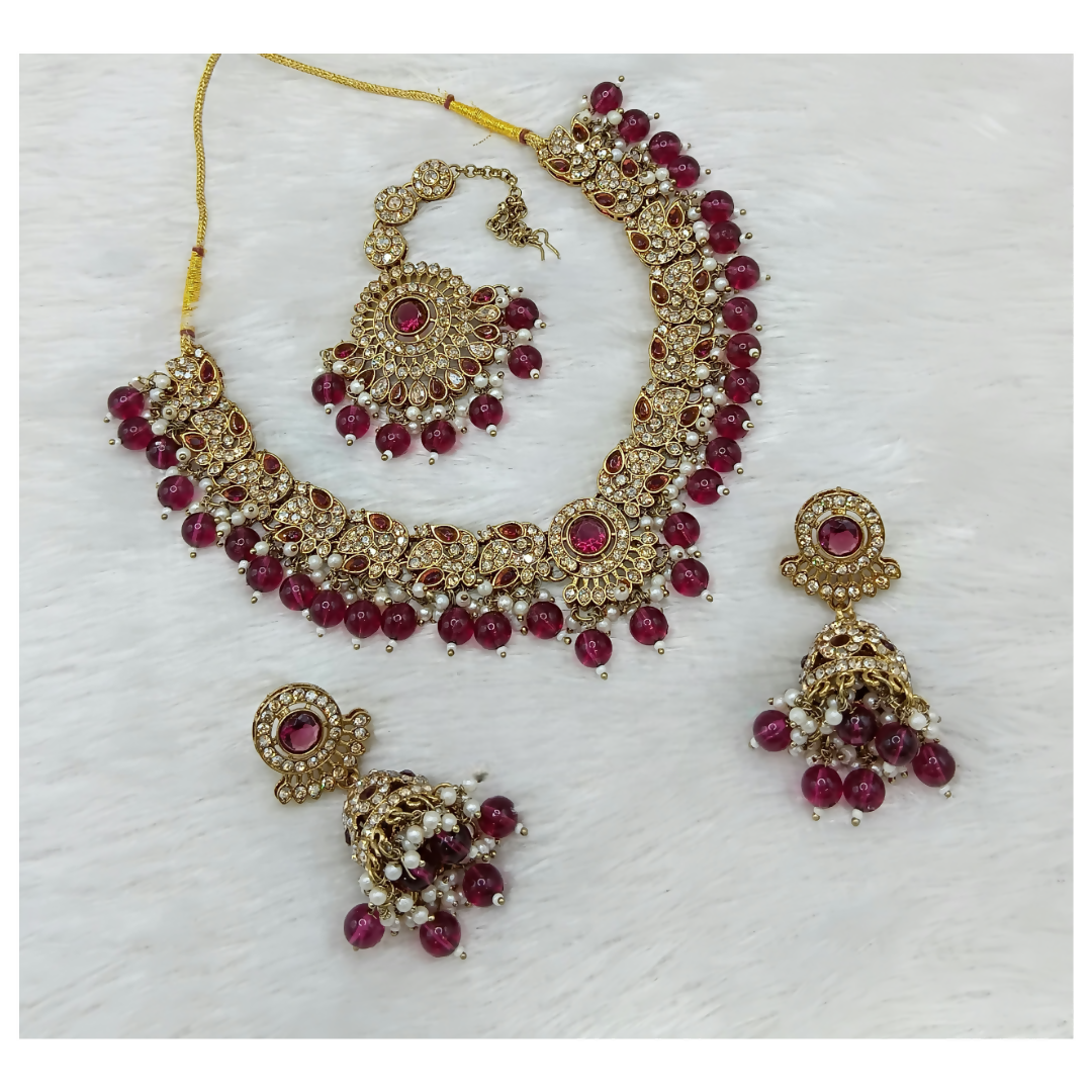 Joban Fashion Wine Stone Work Necklace Set